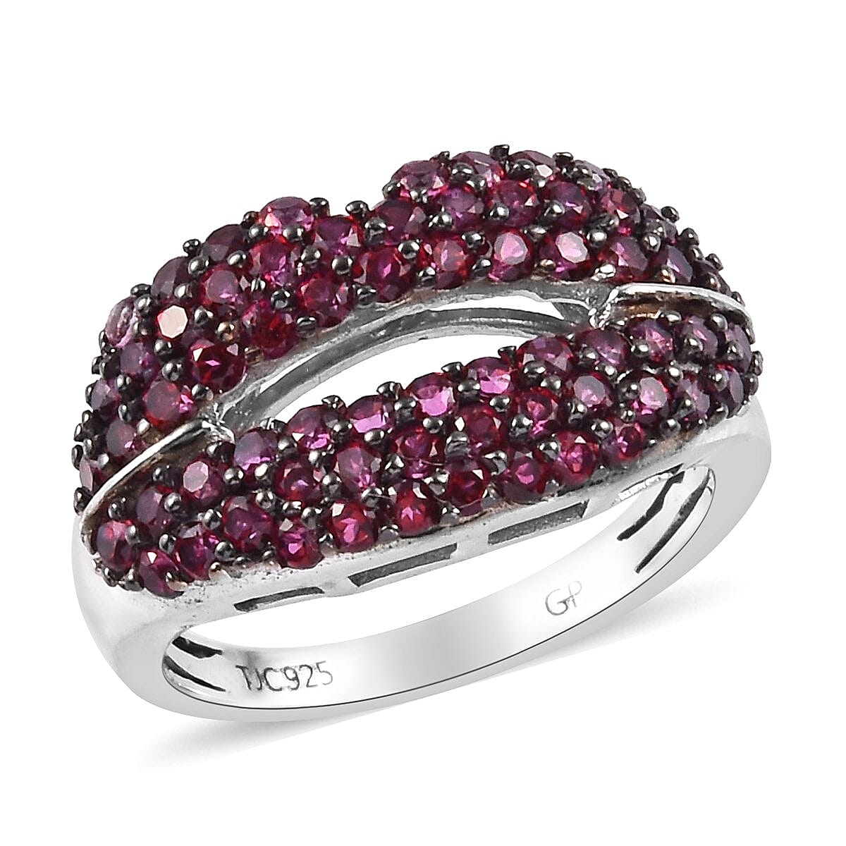 GP Signity Blazing Red Topaz and Blue Sapphire Lips Cluster Ring in Platinum Overlay Sterling Silver 1.50 Ct.