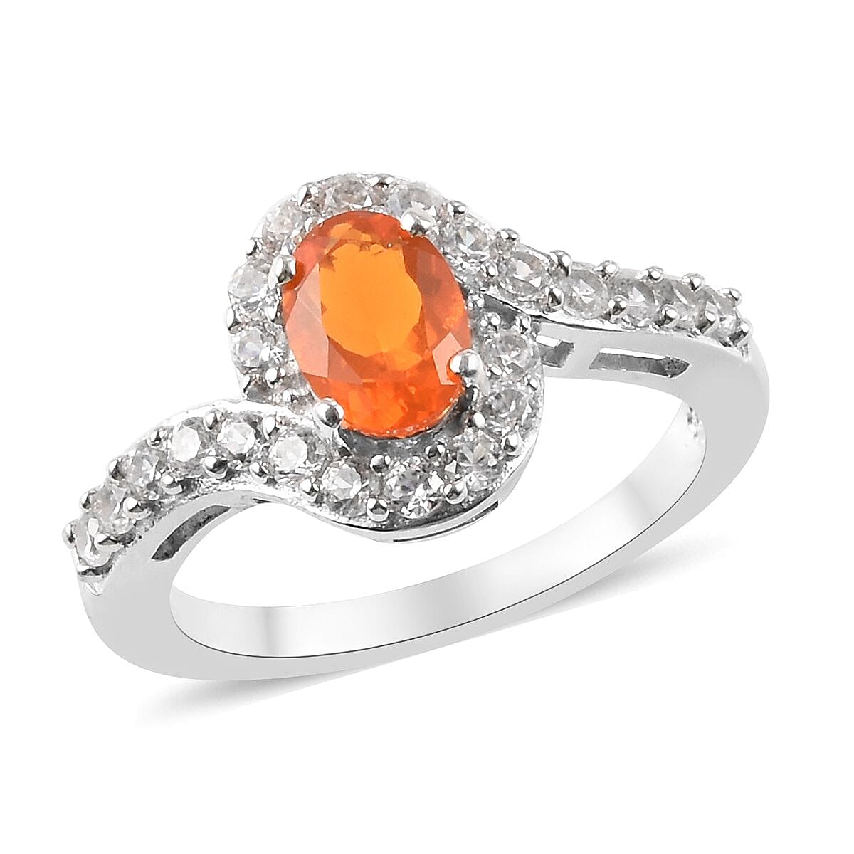 Fire Opal (Ovl 7x5mm) and Natural Cambodian Zircon Ring in Platinum Overlay Sterling Silver 1.248 Ct.