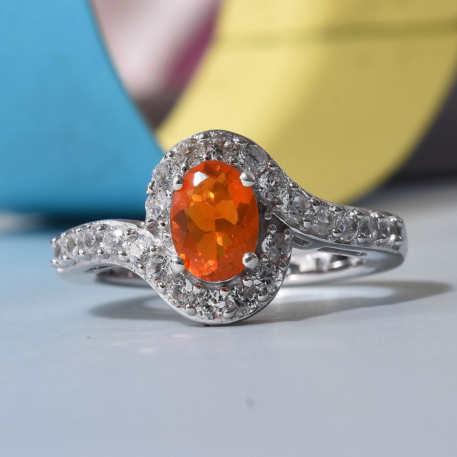 Fire Opal (Ovl 7x5mm) and Natural Cambodian Zircon Ring in Platinum Overlay Sterling Silver 1.248 Ct.