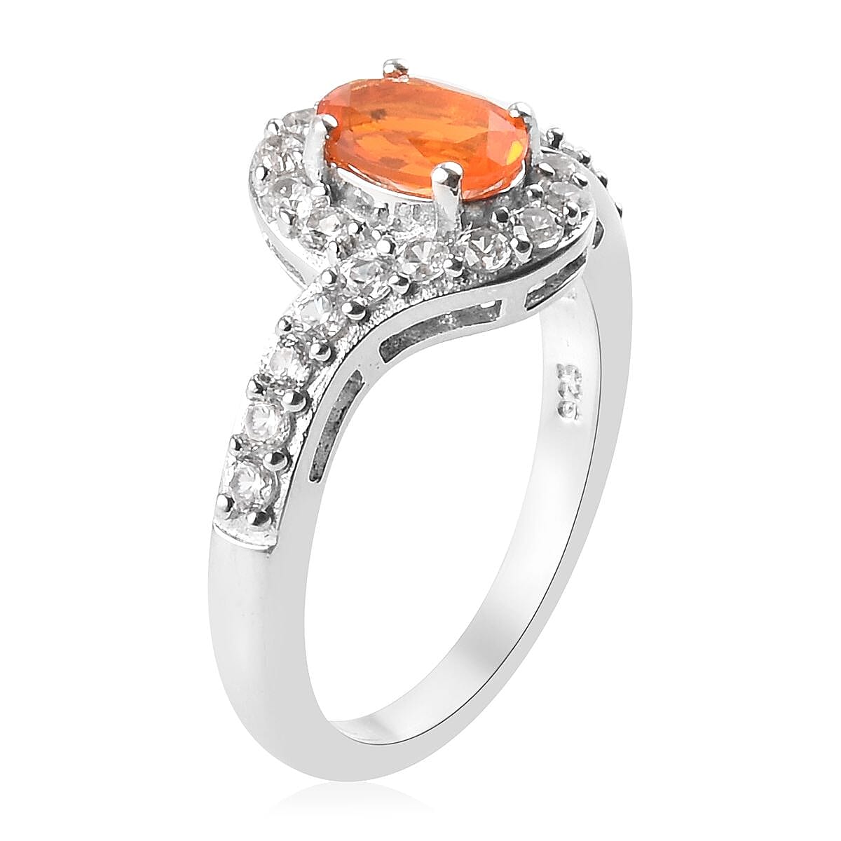 Fire Opal (Ovl 7x5mm) and Natural Cambodian Zircon Ring in Platinum Overlay Sterling Silver 1.248 Ct.