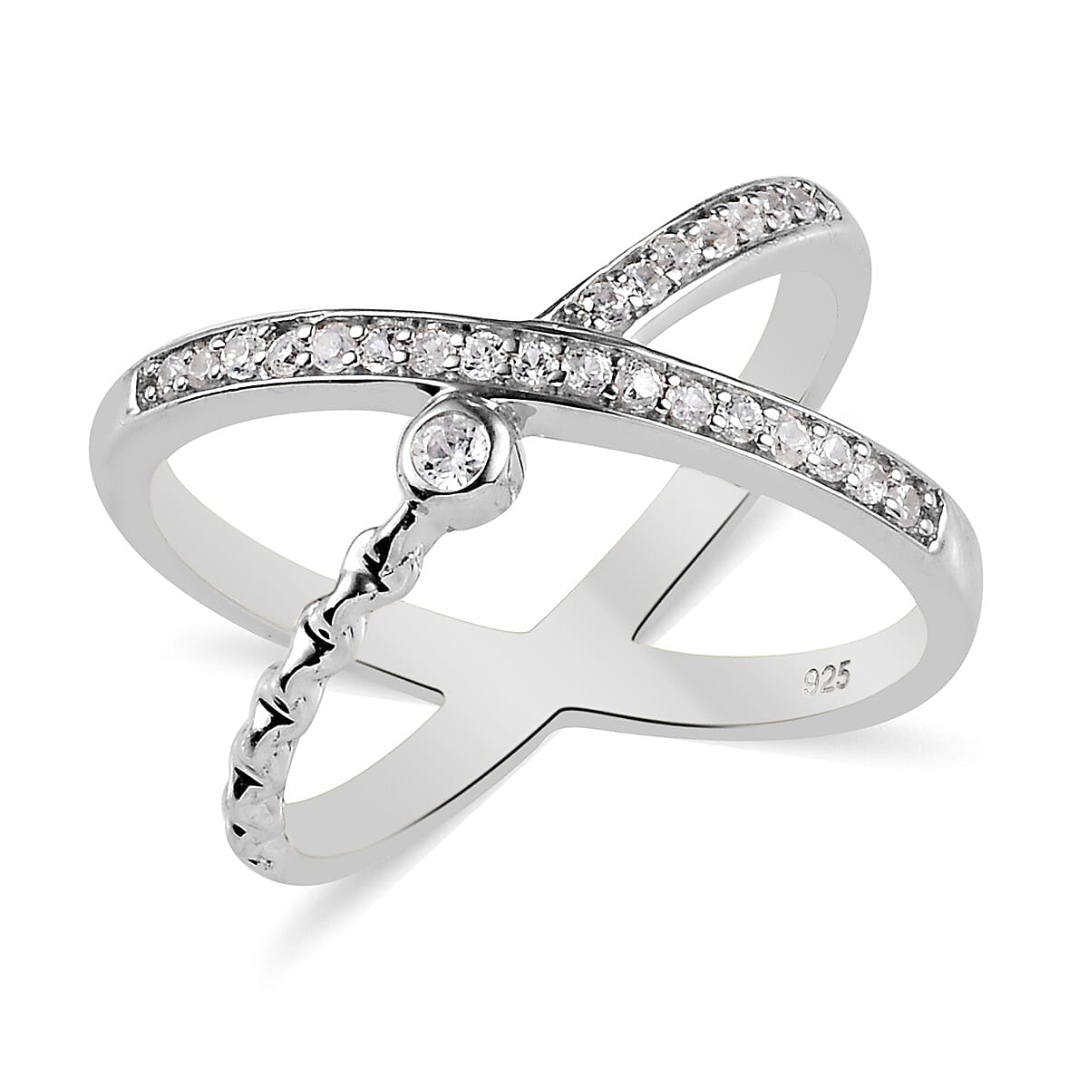 Natural Cambodian Zircon Criss-Cross Ring in Platinum Overlay Sterling Silver 0.50 Ct.