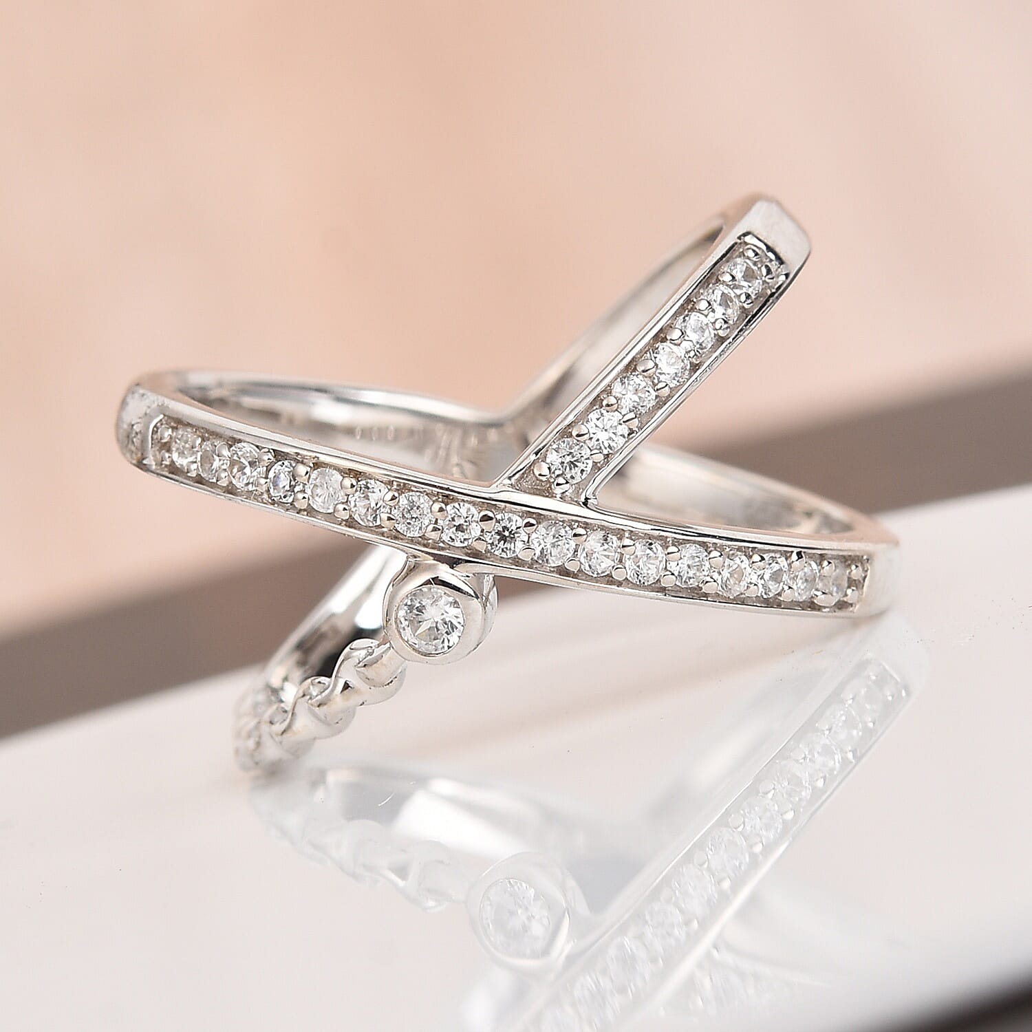 Natural Cambodian Zircon Criss-Cross Ring in Platinum Overlay Sterling Silver 0.50 Ct.