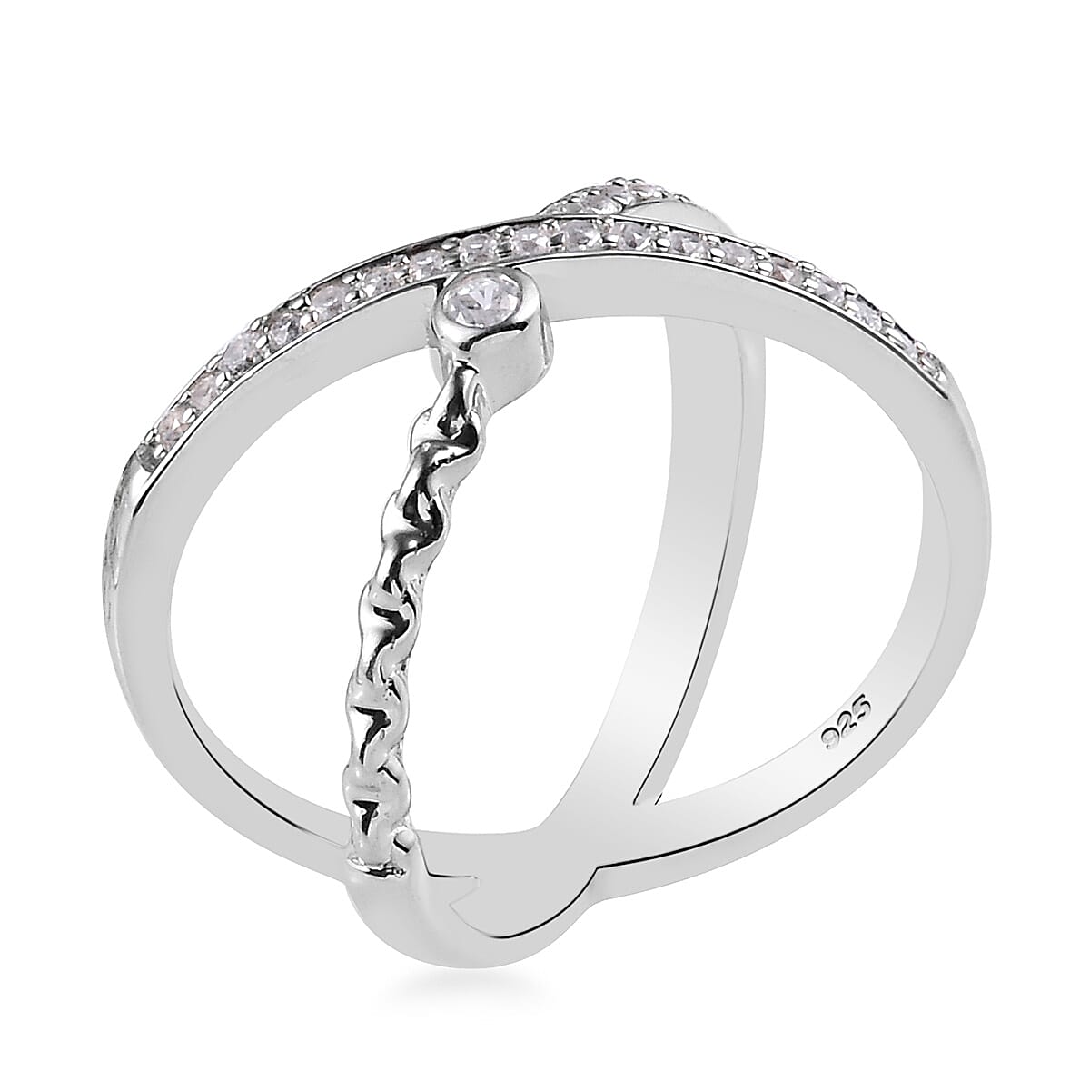 Natural Cambodian Zircon Criss-Cross Ring in Platinum Overlay Sterling Silver 0.50 Ct.