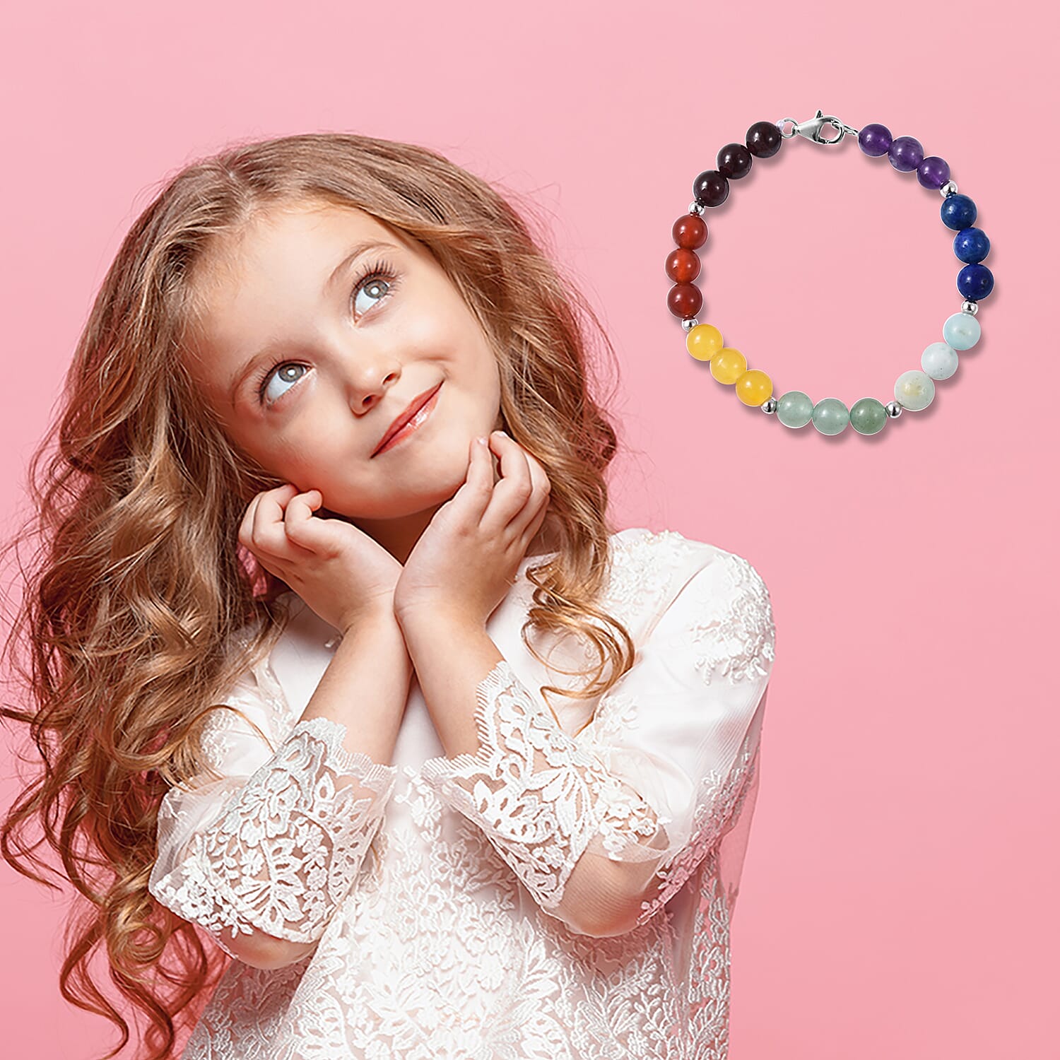 Multi Gemstone (Rnd) 7 Chakra Beads Bracelet (Size 6) with Lobster Lock in Rhodium Overlay Sterling Silver 36.00 Ct.