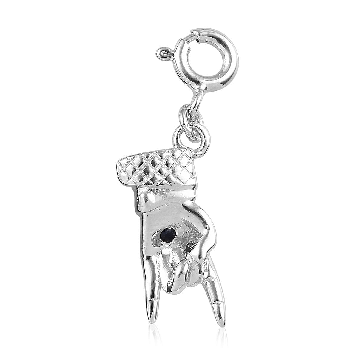 GP - Blue Sapphire Mano Cornuto Hand Charm in Platinum Overlay Sterling Silver