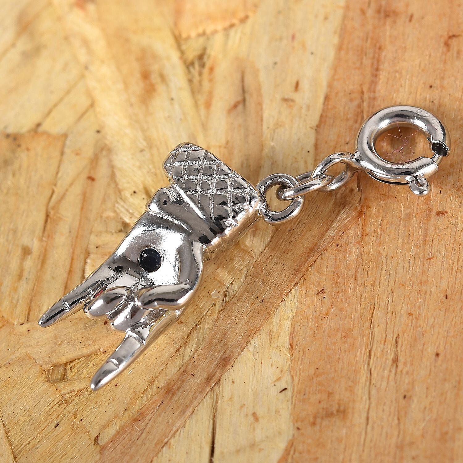 GP - Blue Sapphire Mano Cornuto Hand Charm in Platinum Overlay Sterling Silver