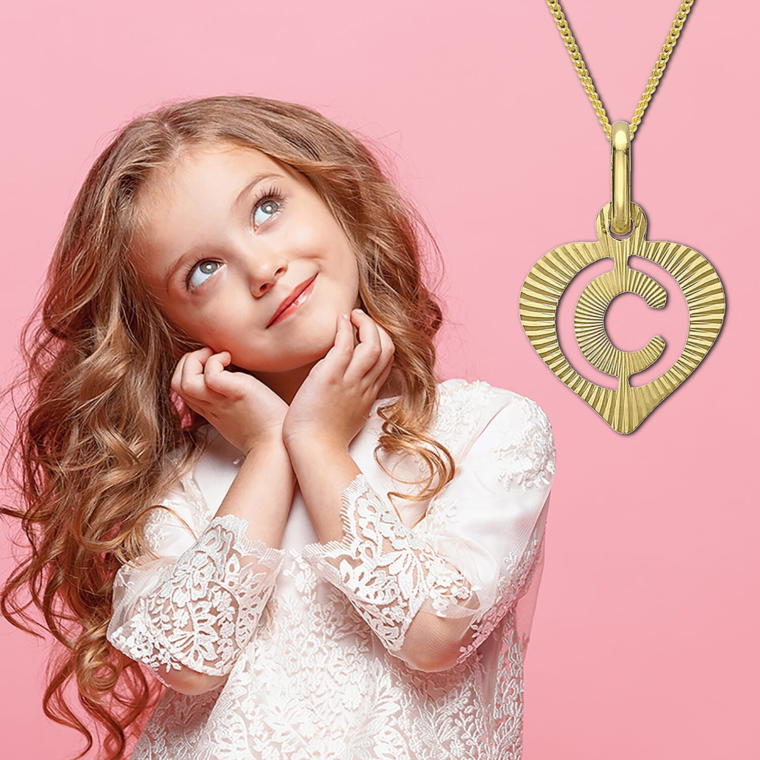 Children Diamond Cut C Initial Heart Pendant in 9K Gold