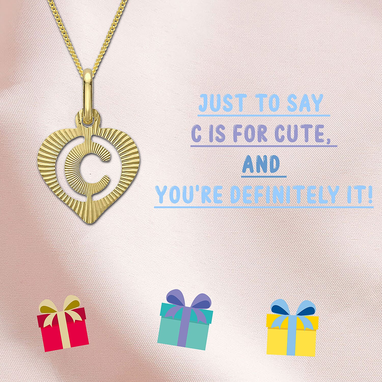 Children Diamond Cut C Initial Heart Pendant in 9K Gold