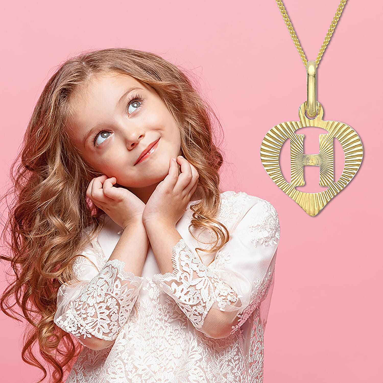 Children Diamond Cut H Initial Heart Pendant in 9K Gold