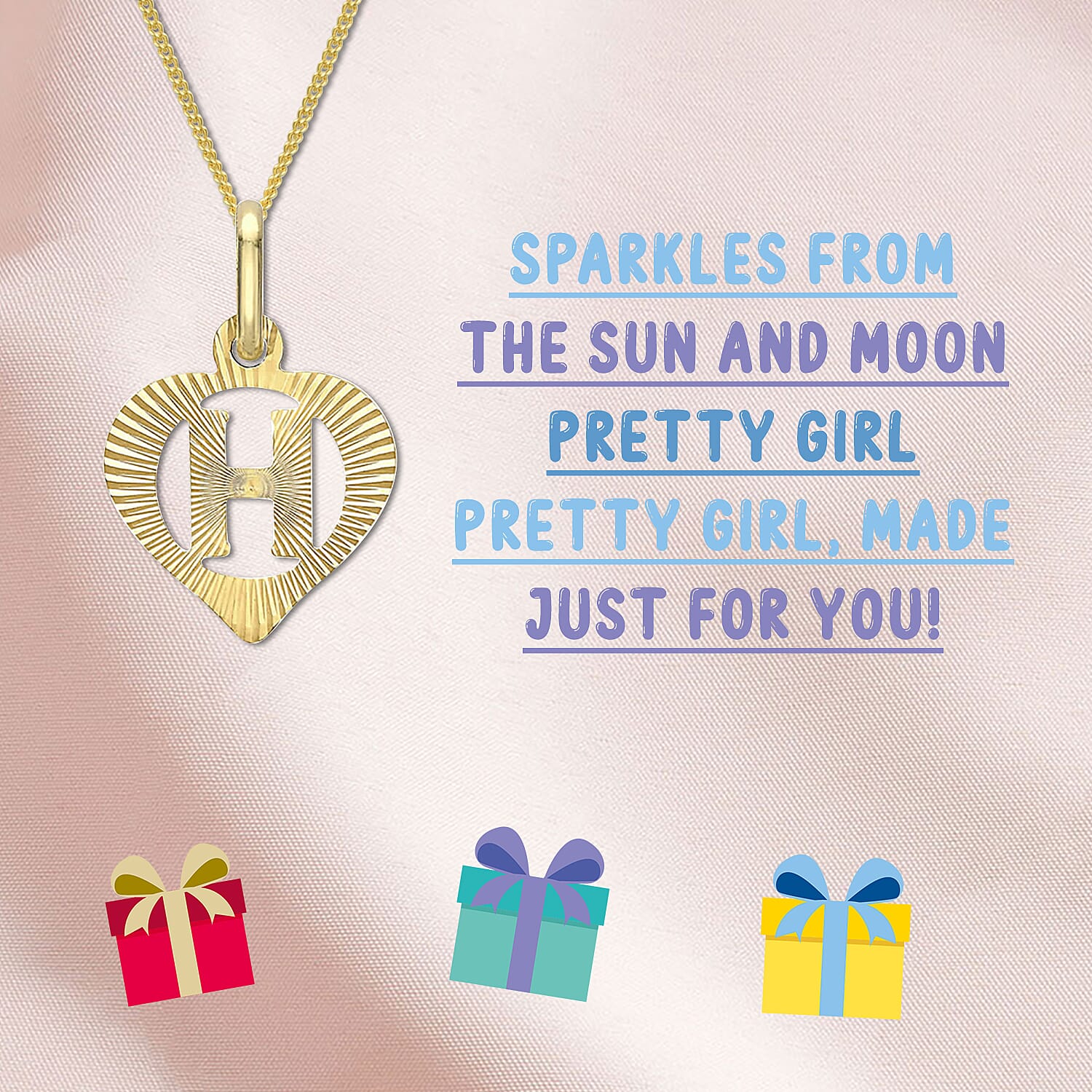 Children Diamond Cut H Initial Heart Pendant in 9K Gold