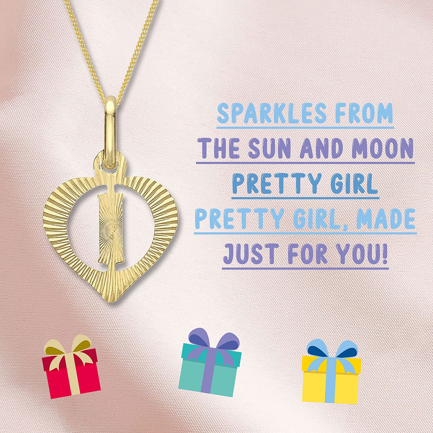 Children Diamond Cut I Initial Heart Pendant in 9K Yellow Gold