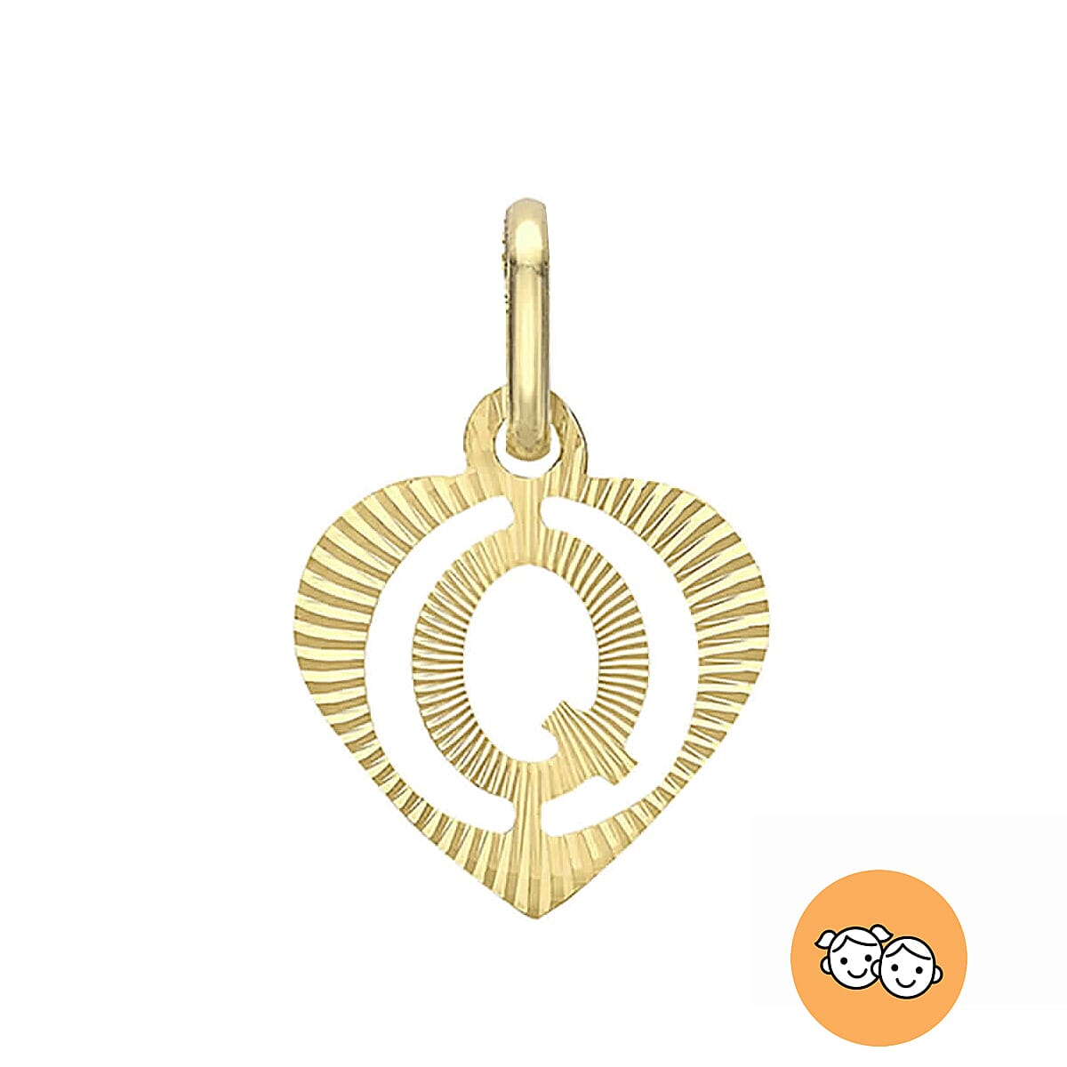 Children Diamond Cut Q Initial Heart Pendant in 9K Yellow Gold