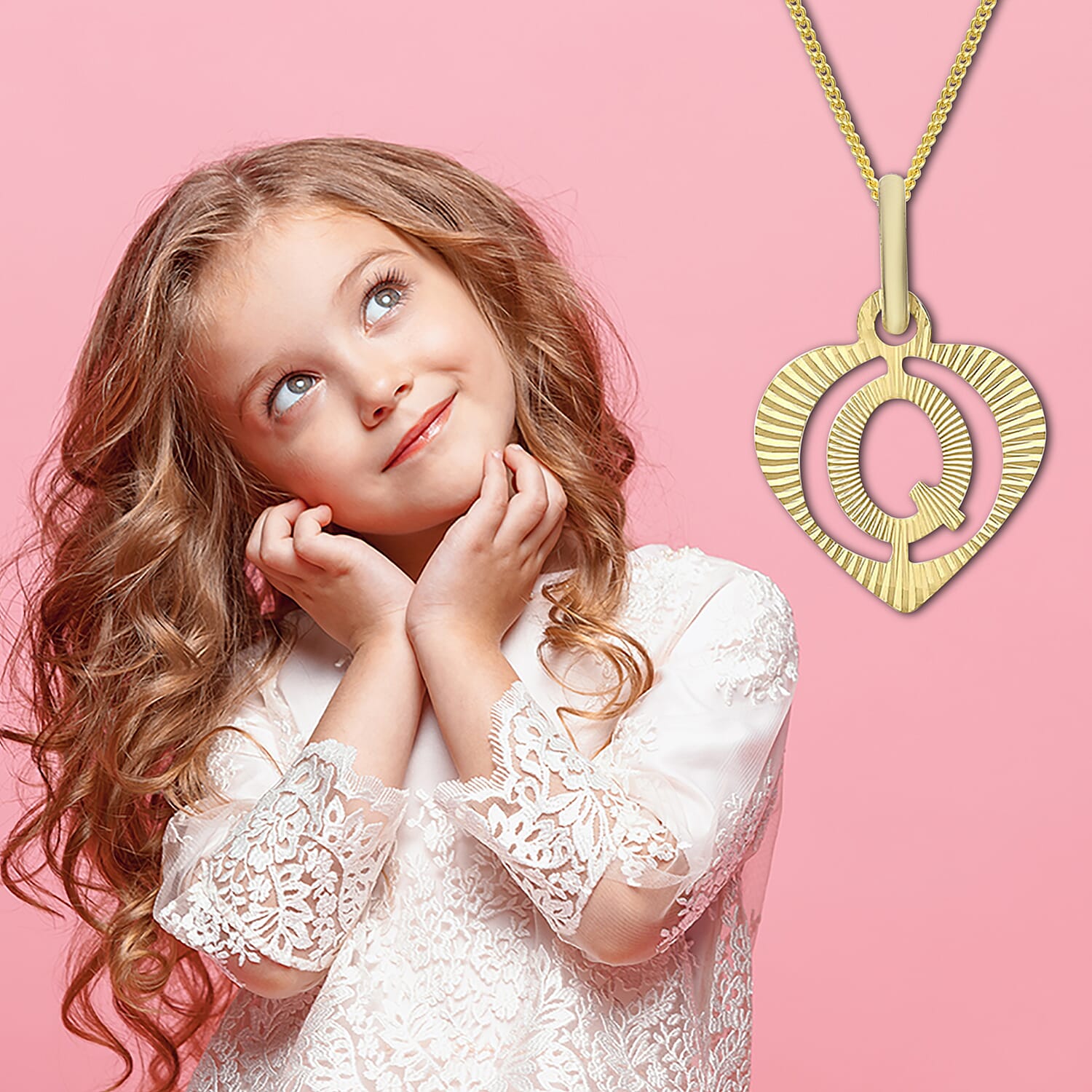 Children Diamond Cut Q Initial Heart Pendant in 9K Yellow Gold