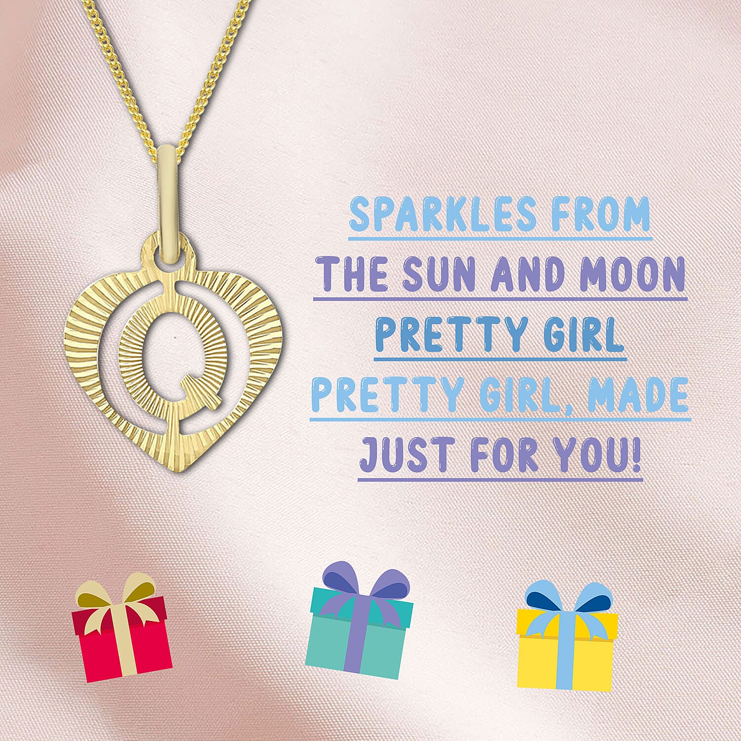 Children Diamond Cut Q Initial Heart Pendant in 9K Yellow Gold