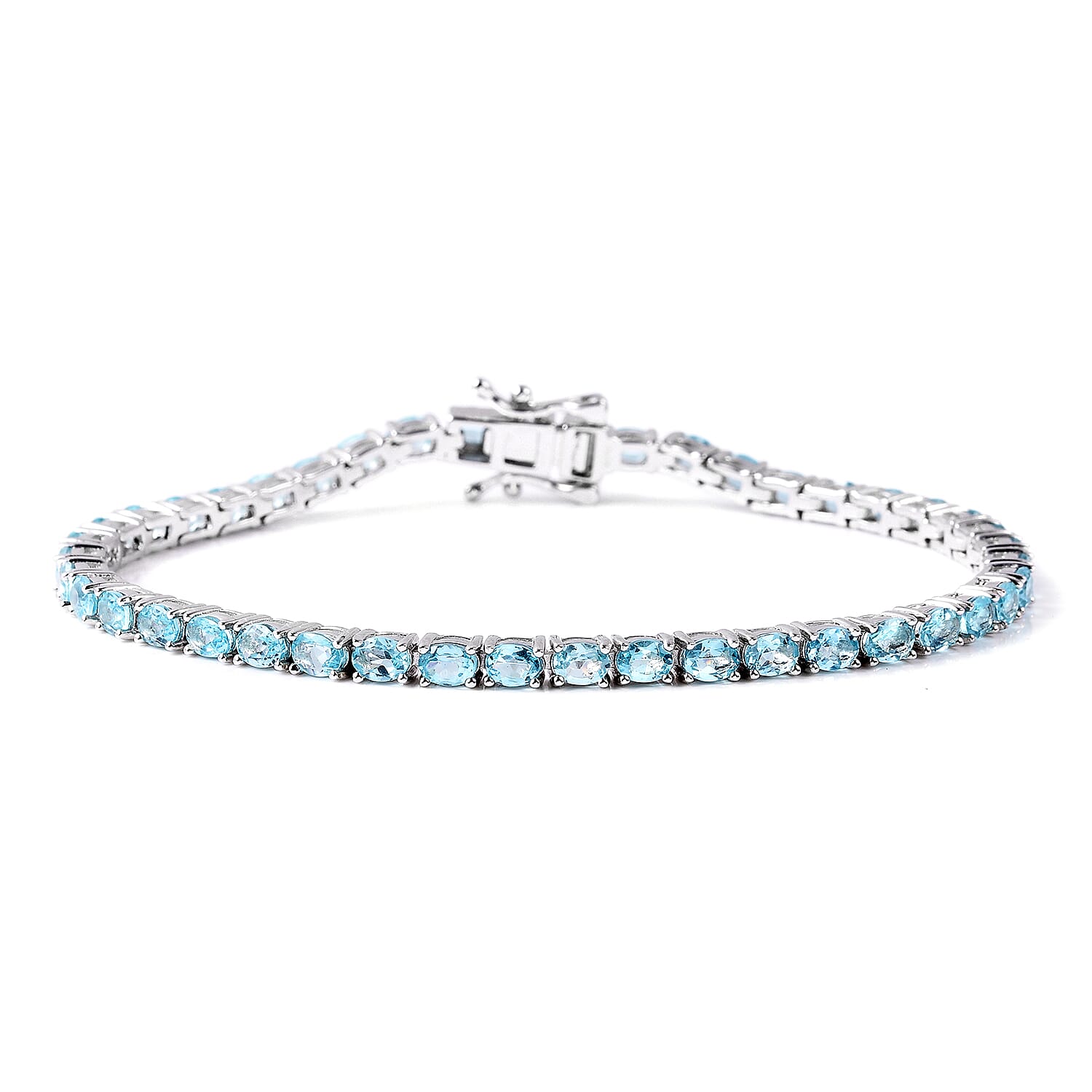 Neon Blue Apatite Tennis Bracelet (Size 7.5) in Rhodium Overlay Sterling Silver 8.25 Ct, Silver wt 9.60 Gms