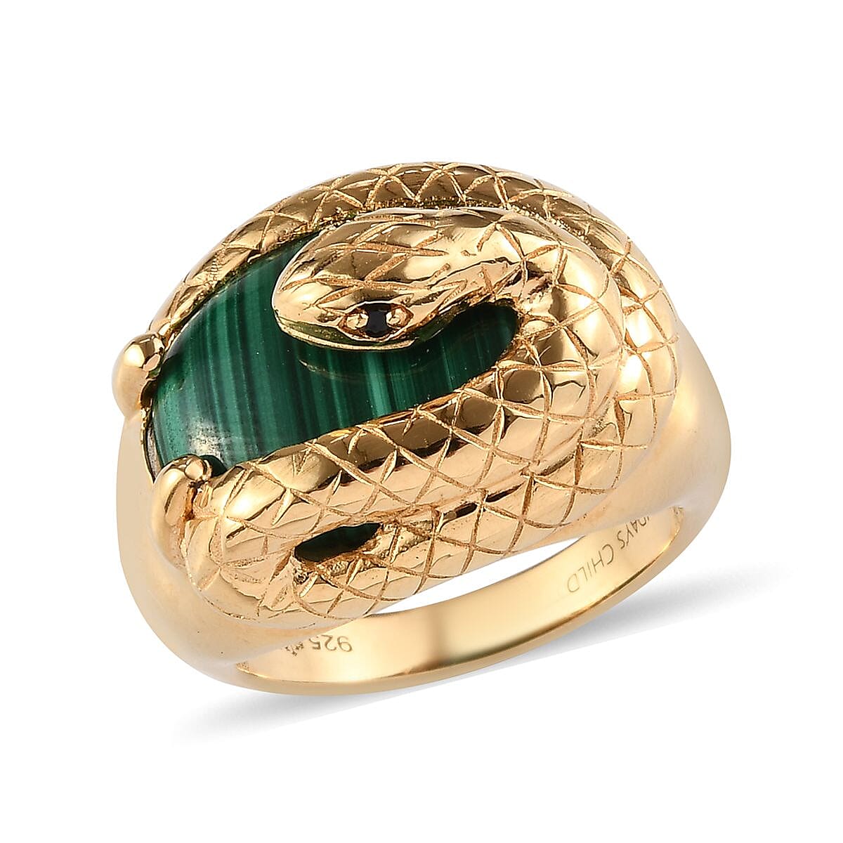 Sundays Child - Malachite and Boi Ploi Black Spinel Snake Ring in 14K Yellow Gold Overlay Sterling Silver 11.00 Ct, Silver wt. 7.40 Gms