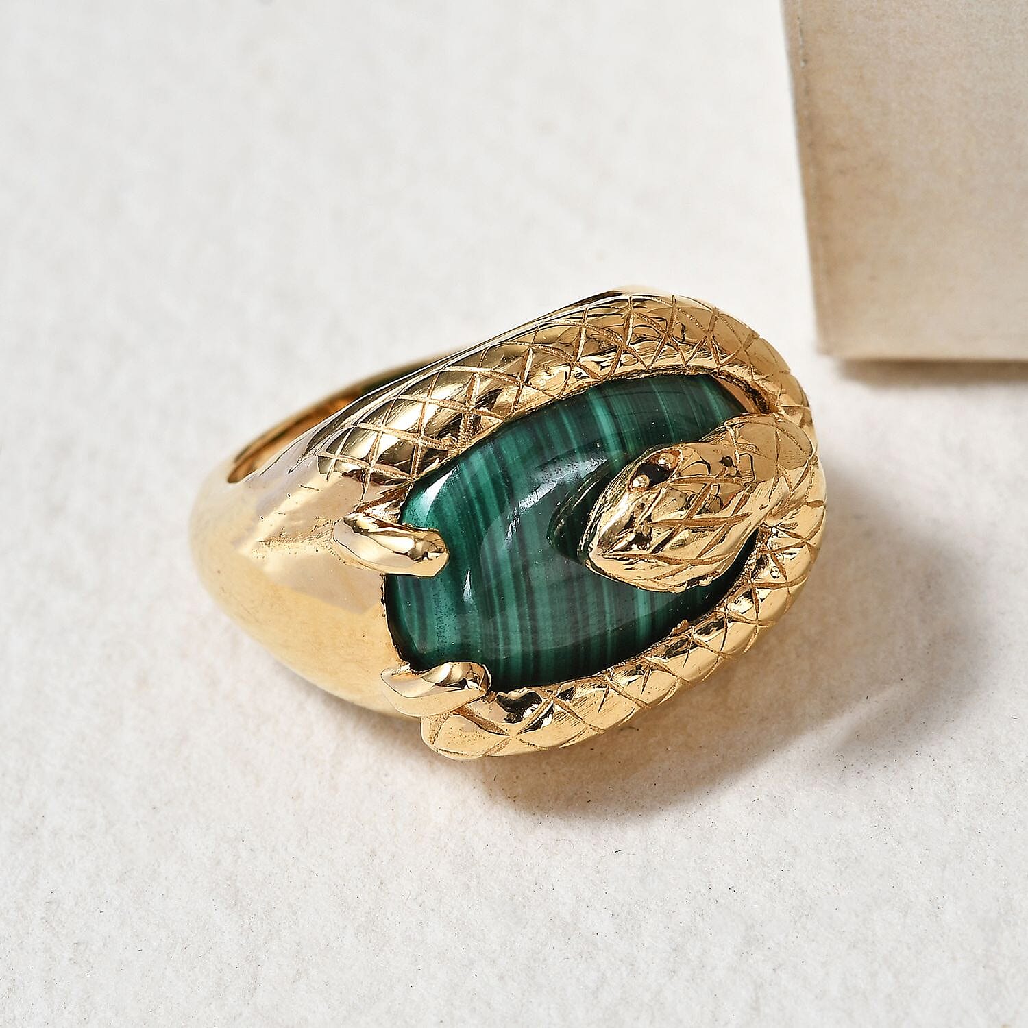 Sundays Child - Malachite and Boi Ploi Black Spinel Snake Ring in 14K Yellow Gold Overlay Sterling Silver 11.00 Ct, Silver wt. 7.40 Gms