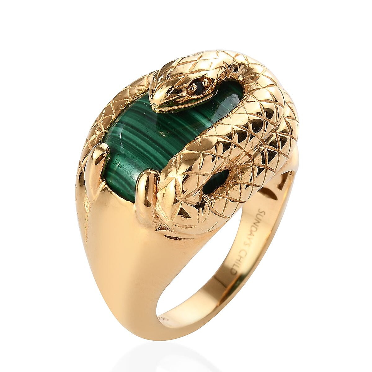 Sundays Child - Malachite and Boi Ploi Black Spinel Snake Ring in 14K Yellow Gold Overlay Sterling Silver 11.00 Ct, Silver wt. 7.40 Gms