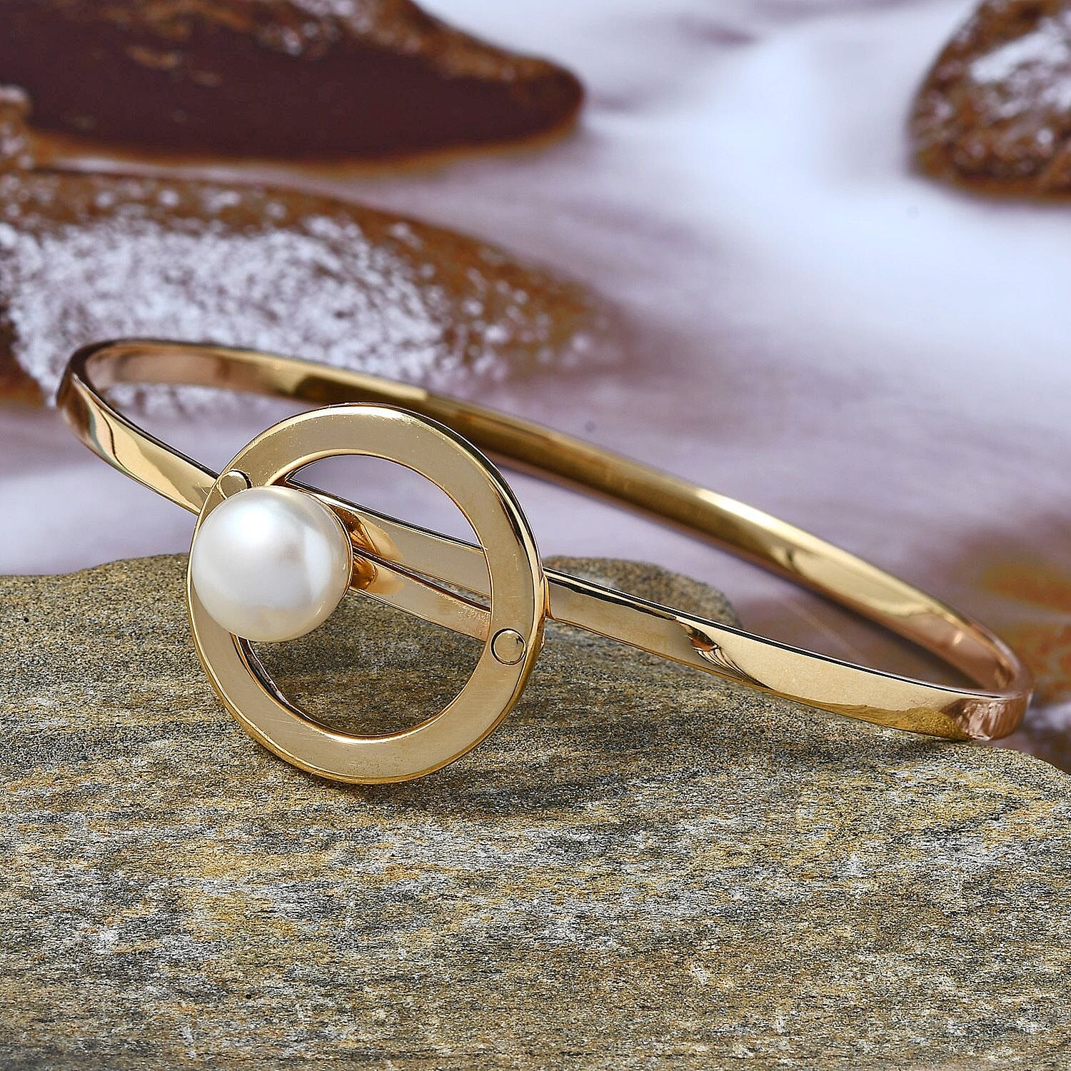Sundays Child - Freshwater Pearl Bangle (Size 7.5) in 14K Gold Overlay Sterling Silver Silver Wt 15.41 Grams