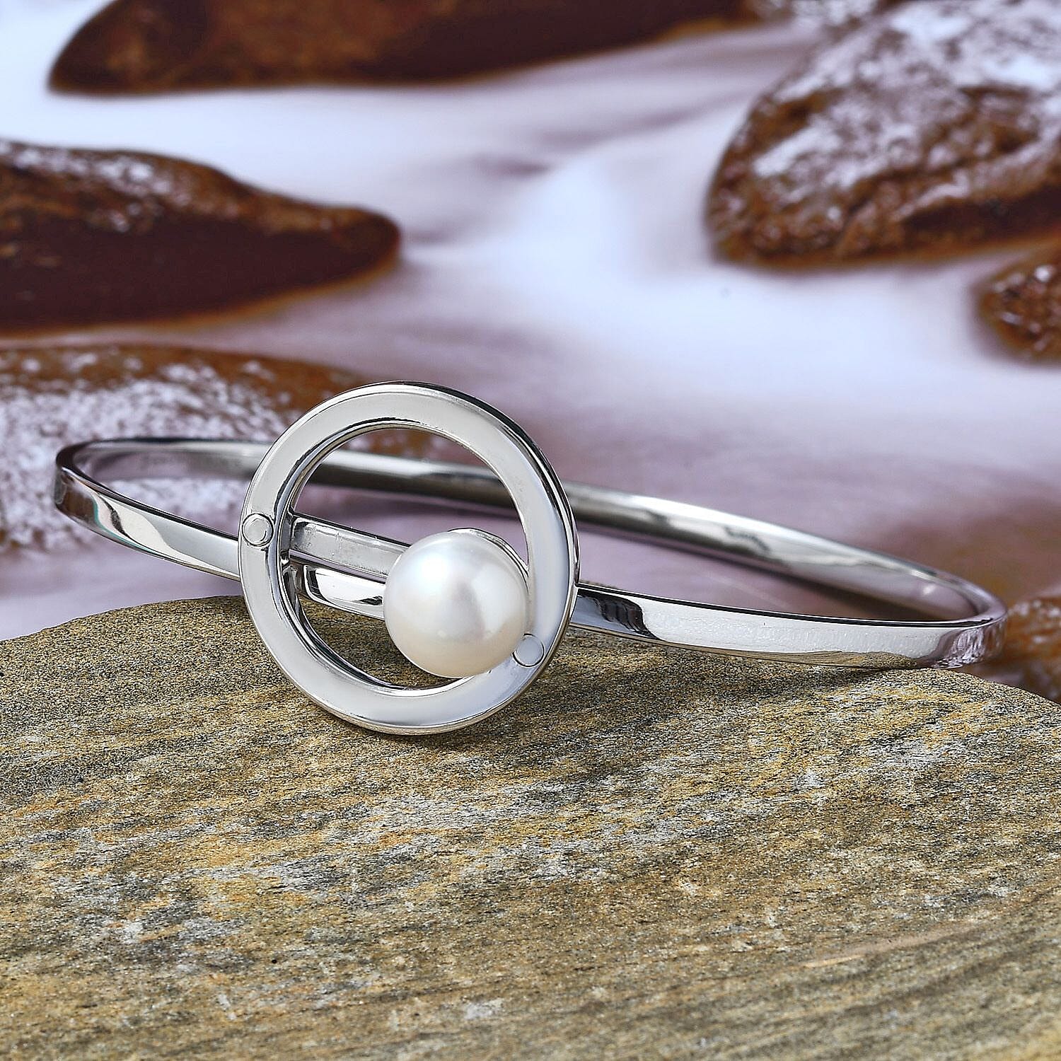 Sundays Child - Freshwater Pearl Bangle (Size 7.5) in Platinum Overlay Sterling Silver Silver Wt 15.41 Grams