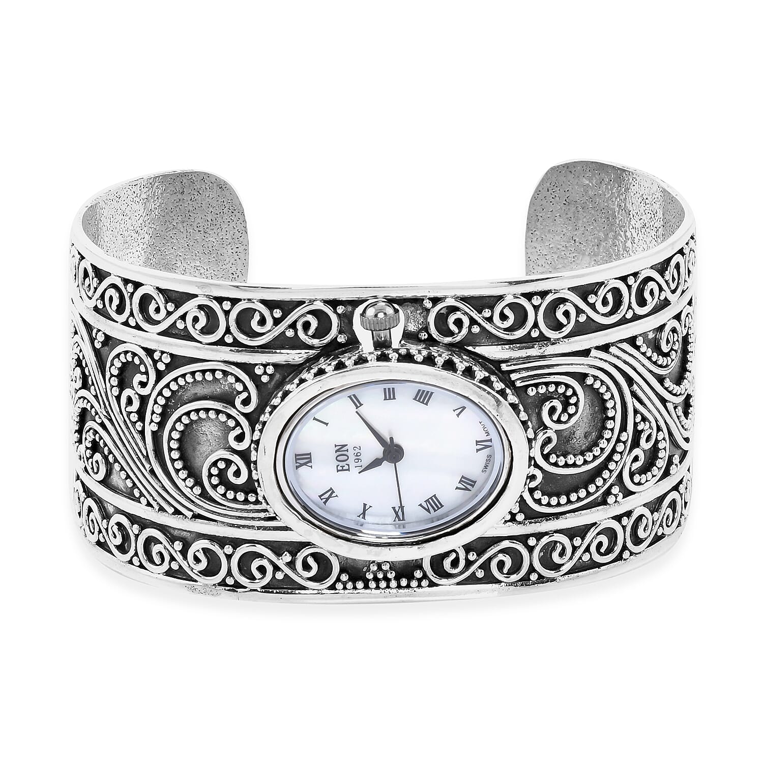 Royal Bali Collection - EON 1962 Swiss Movement Water Resistant Filigree Cuff Watch (Size 7.25) in Sterling Silver, Silver wt 44.00 Gms