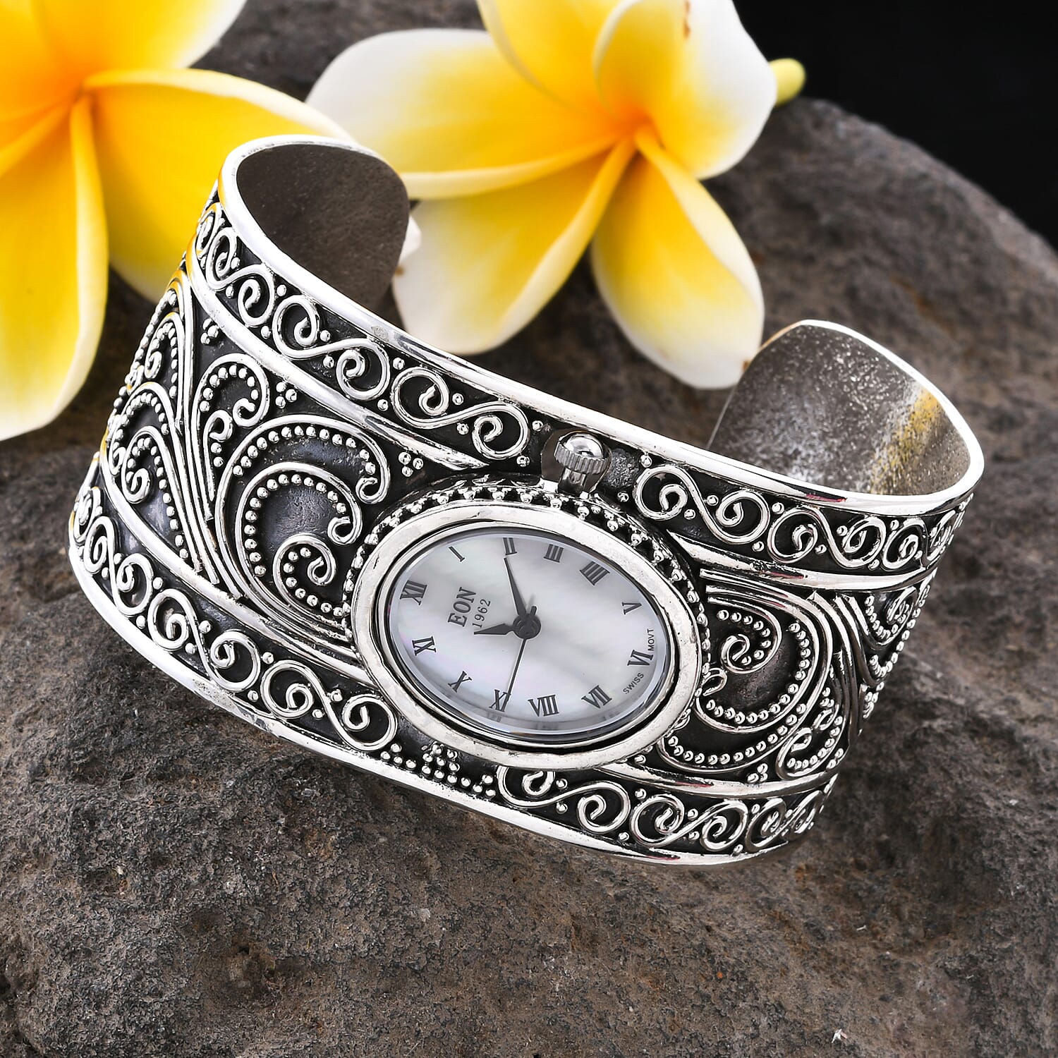 Royal Bali Collection - EON 1962 Swiss Movement Water Resistant Filigree Cuff Watch (Size 7.25) in Sterling Silver, Silver wt 44.00 Gms