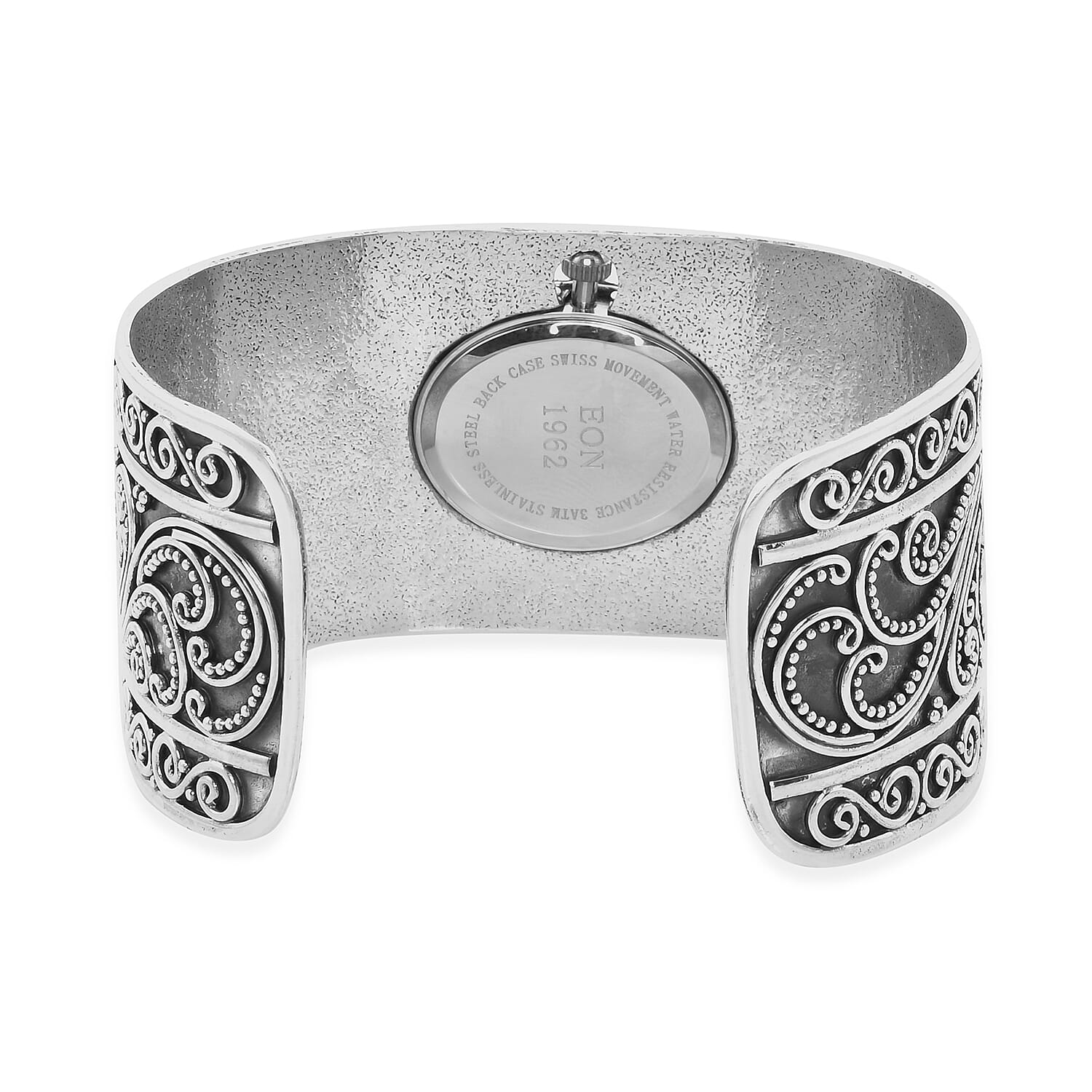 Royal Bali Collection - EON 1962 Swiss Movement Water Resistant Filigree Cuff Watch (Size 7.25) in Sterling Silver, Silver wt 44.00 Gms