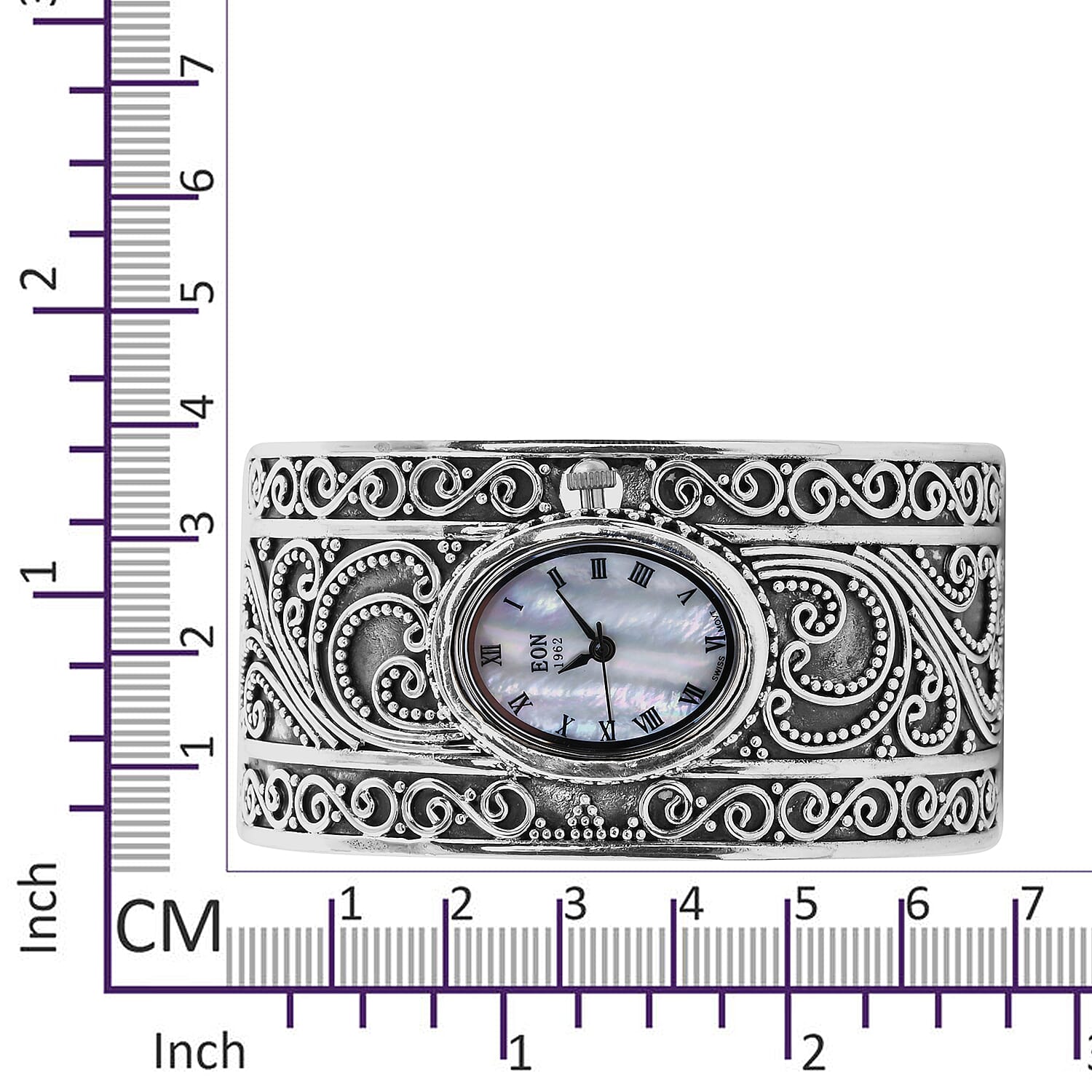 Royal Bali Collection - EON 1962 Swiss Movement Water Resistant Filigree Cuff Watch (Size 7.25) in Sterling Silver, Silver wt 44.00 Gms