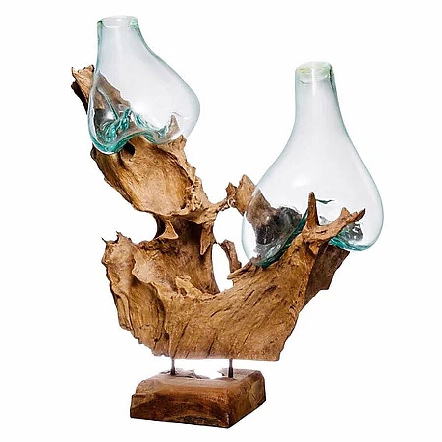 Jardin de Bali - Drinking Glass Vase On Wood Two Glass Stand on Wooden Sculpture