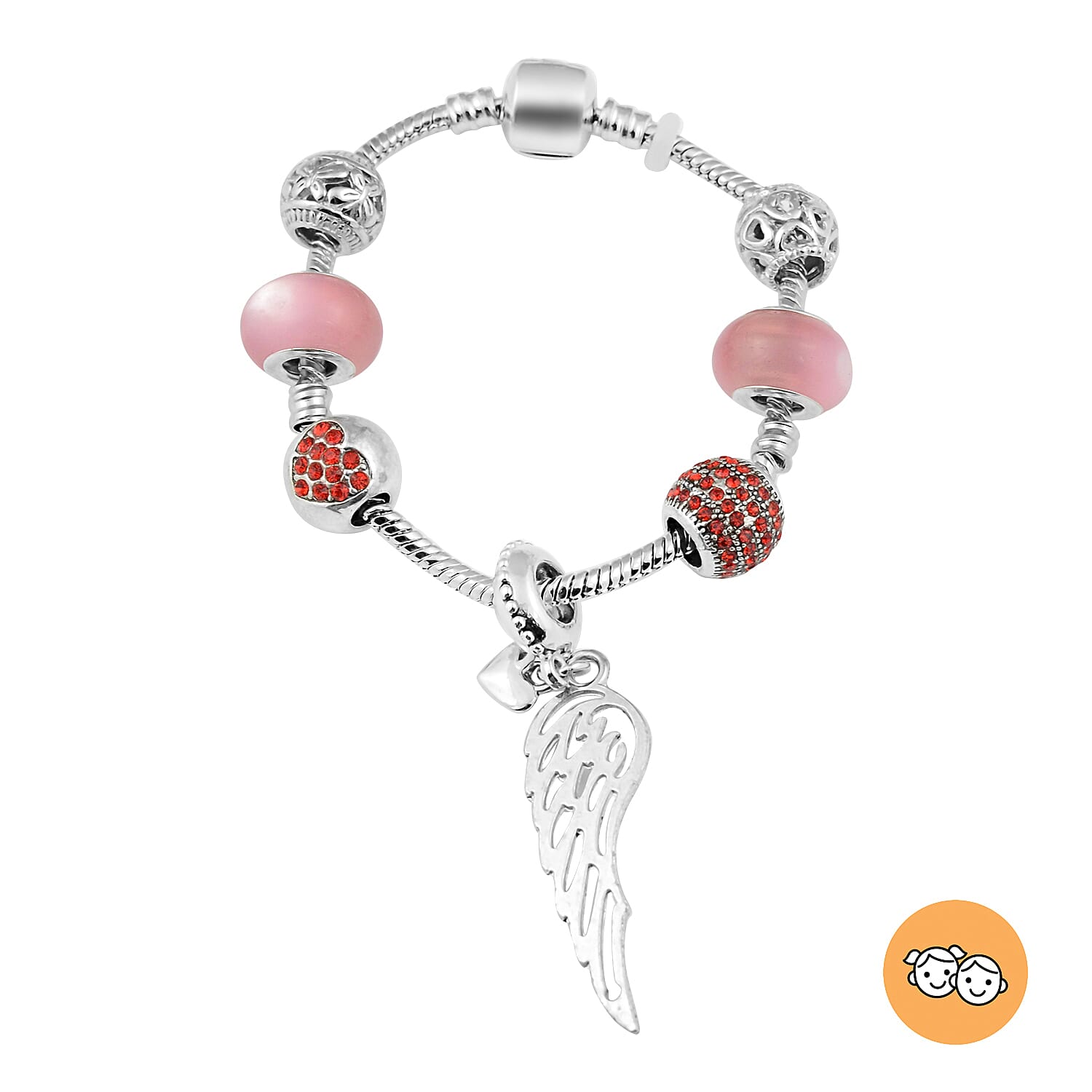 Charms Bracelet for Kids in Simulated Pink Colour Bead, Red Austrian Crystal Size 6.5 Inch with Silver Tone