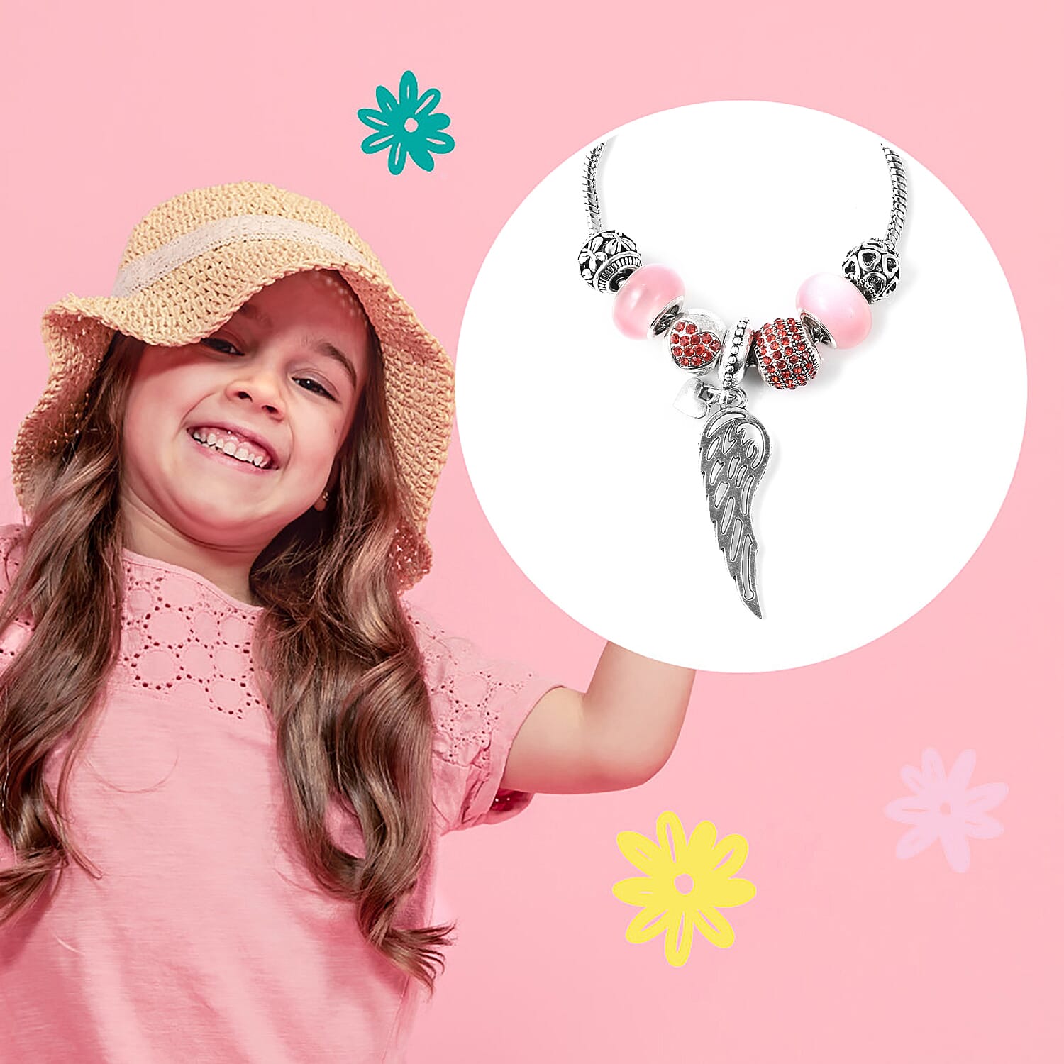 Charms Bracelet for Kids in Simulated Pink Colour Bead, Red Austrian Crystal Size 6.5 Inch with Silver Tone