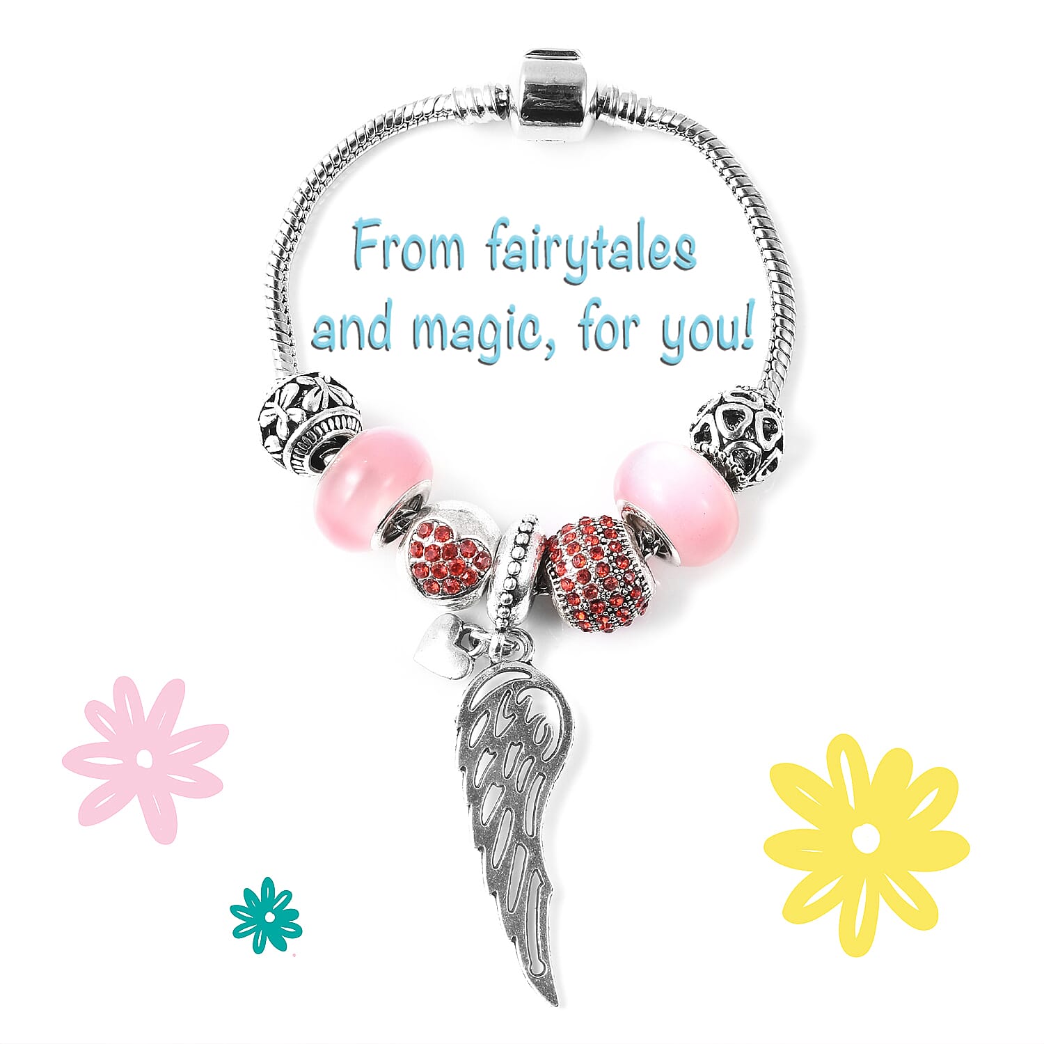 Charms Bracelet for Kids in Simulated Pink Colour Bead, Red Austrian Crystal Size 6.5 Inch with Silver Tone