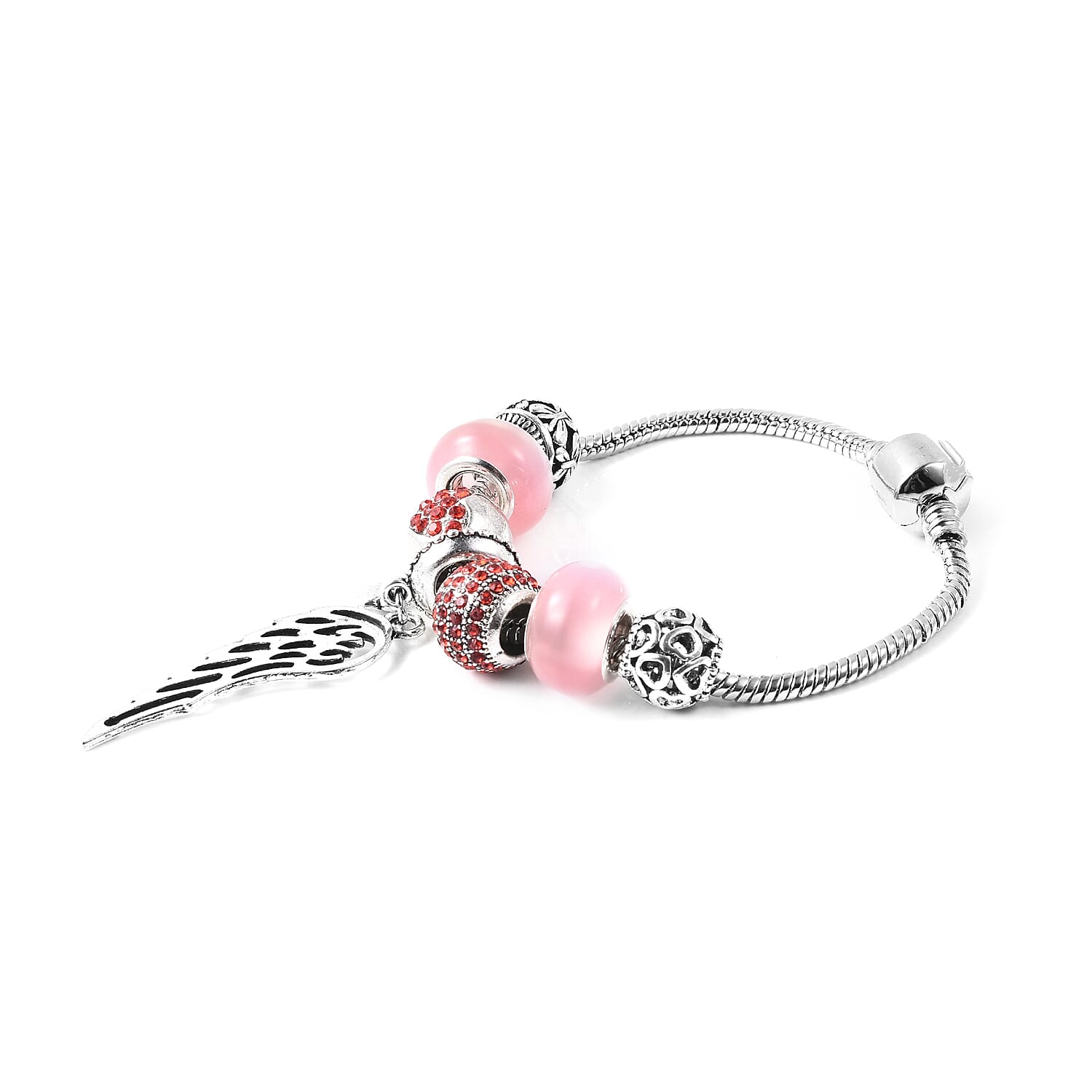 Charms Bracelet for Kids in Simulated Pink Colour Bead, Red Austrian Crystal Size 6.5 Inch with Silver Tone