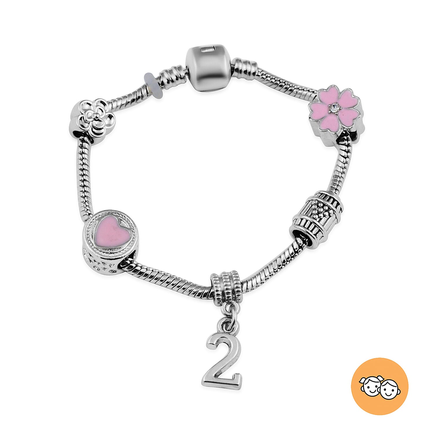 Children Happy 2 Birthday Charms Bracelet in White Austrian Crystal Size 6.5 with Silver Tone