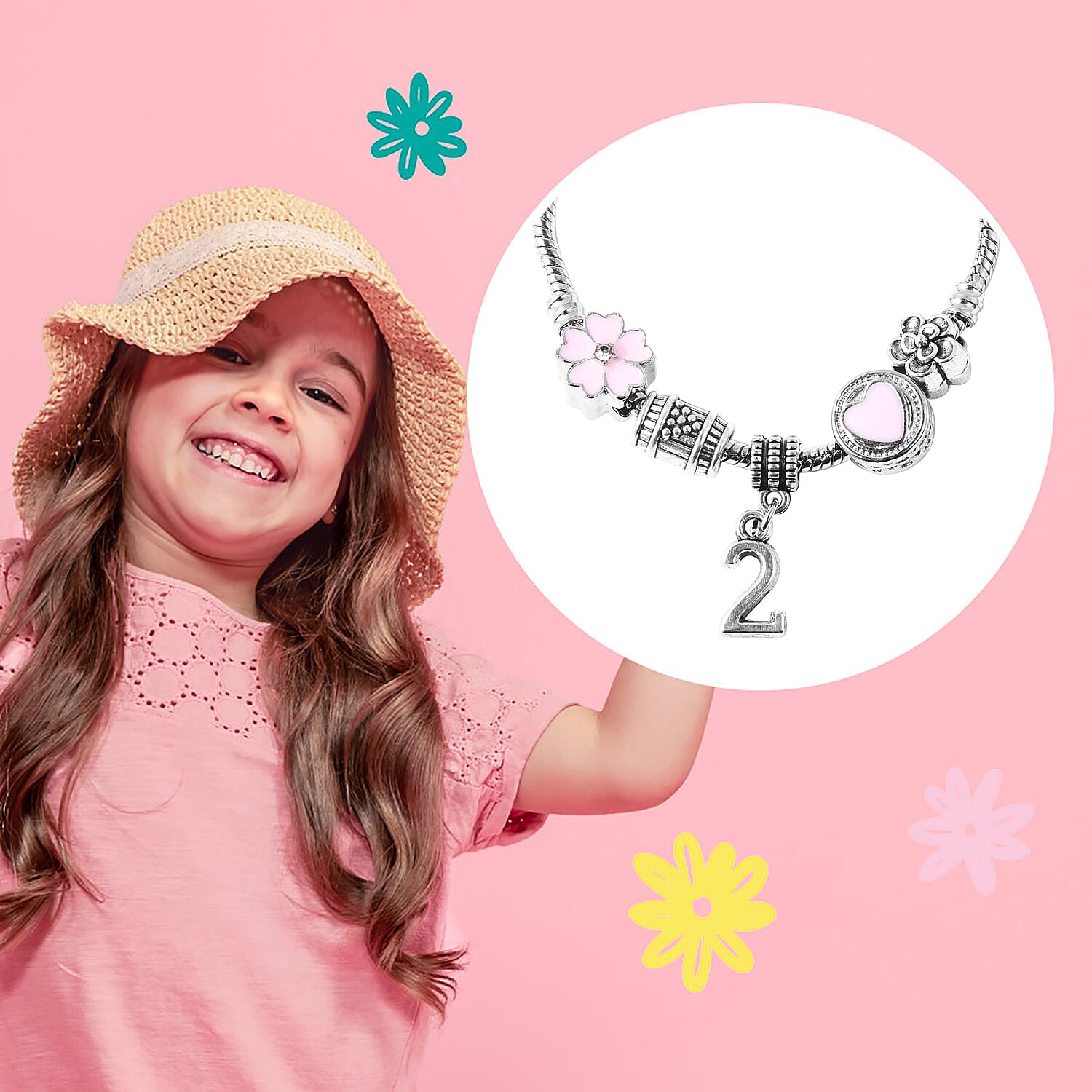 Children Happy 2 Birthday Charms Bracelet in White Austrian Crystal Size 6.5 with Silver Tone