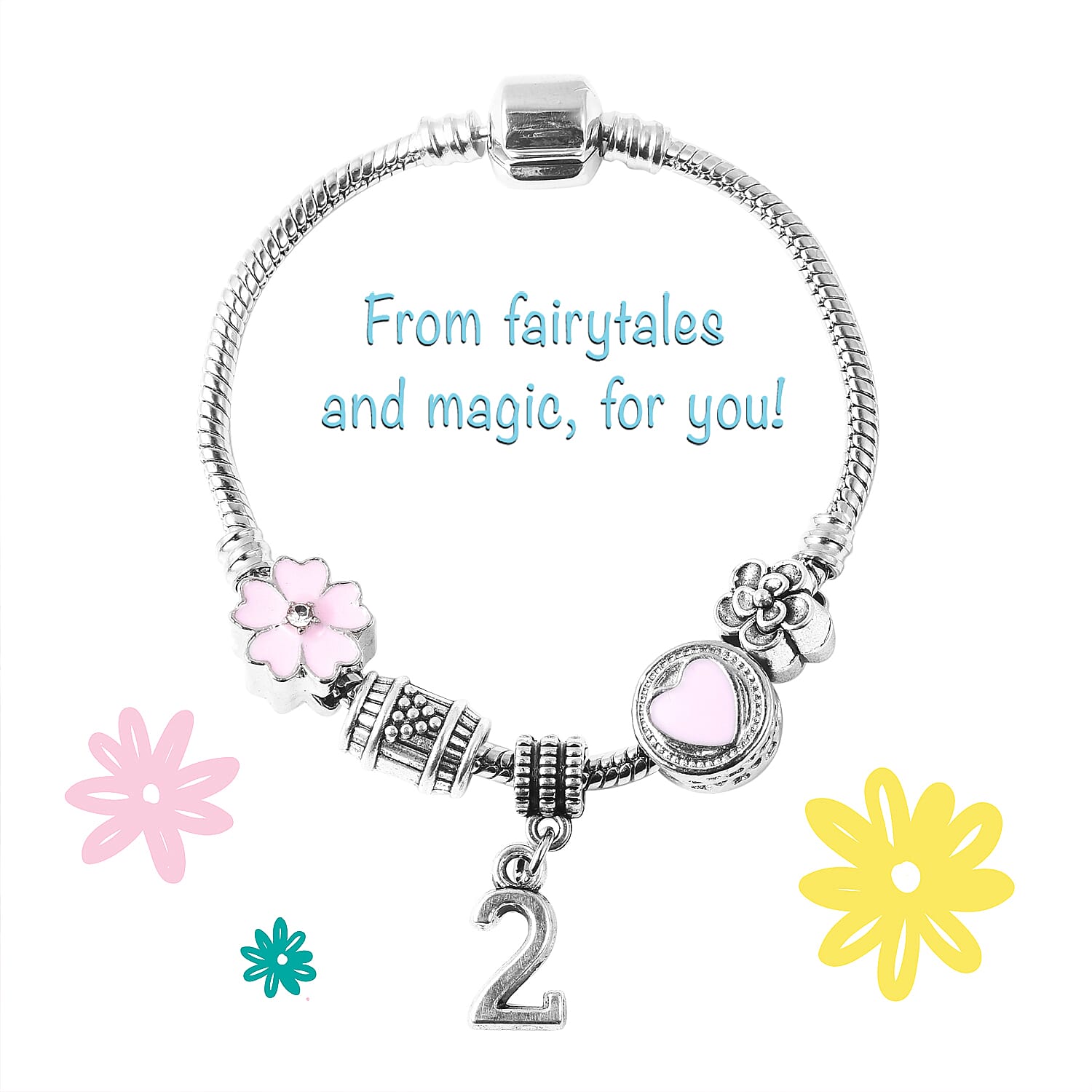 Children Happy 2 Birthday Charms Bracelet in White Austrian Crystal Size 6.5 with Silver Tone