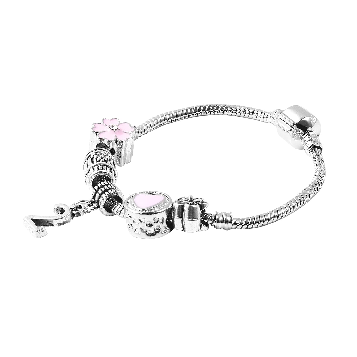 Children Happy 2 Birthday Charms Bracelet in White Austrian Crystal Size 6.5 with Silver Tone