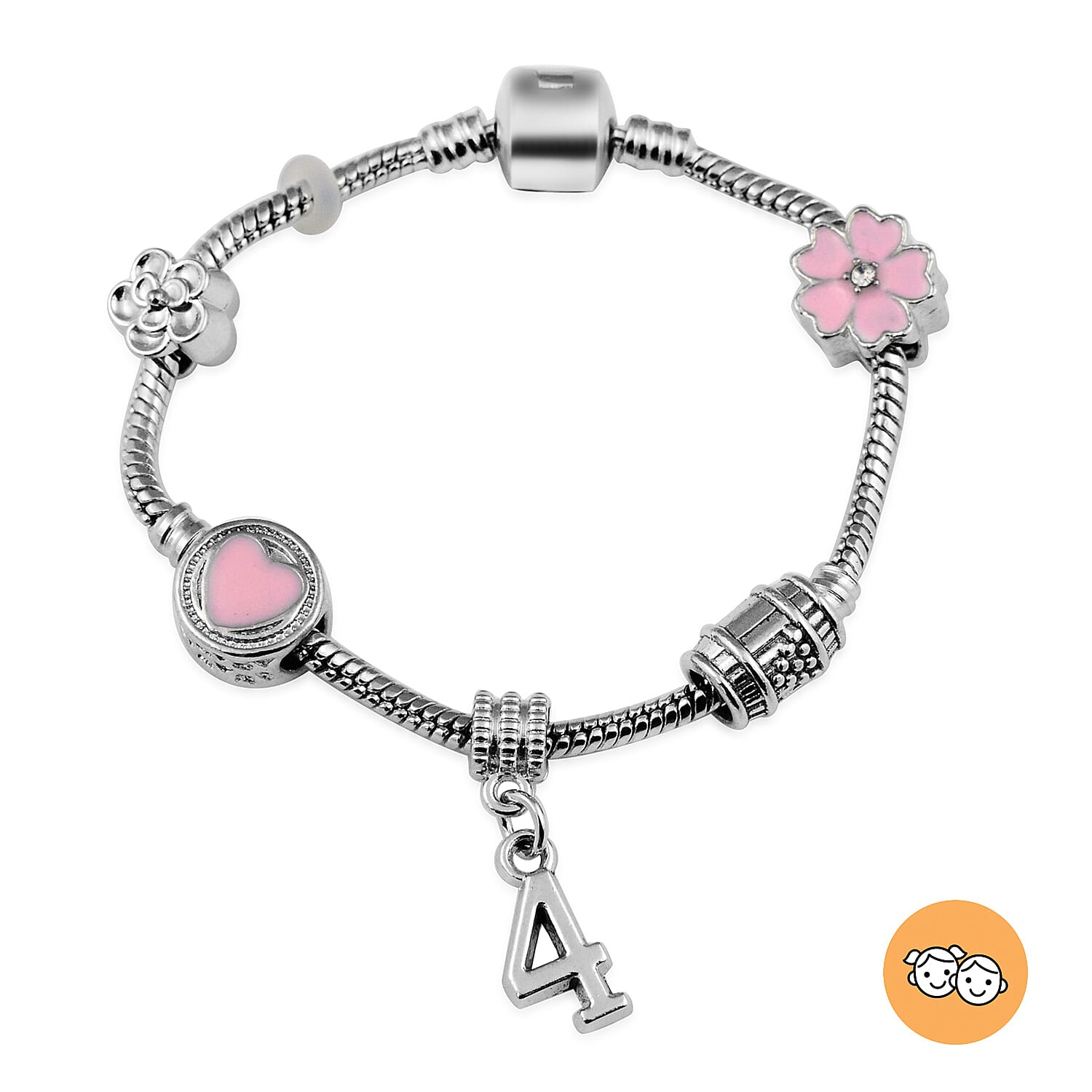 Children Happy 4 Birthday Charms Bracelet in White Austrian Crystal Size 6.5 with Silver Tone