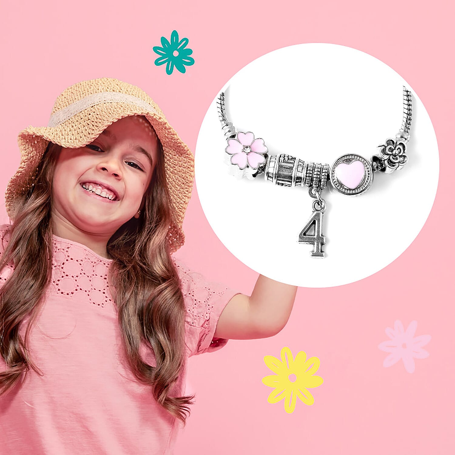 Children Happy 4 Birthday Charms Bracelet in White Austrian Crystal Size 6.5 with Silver Tone