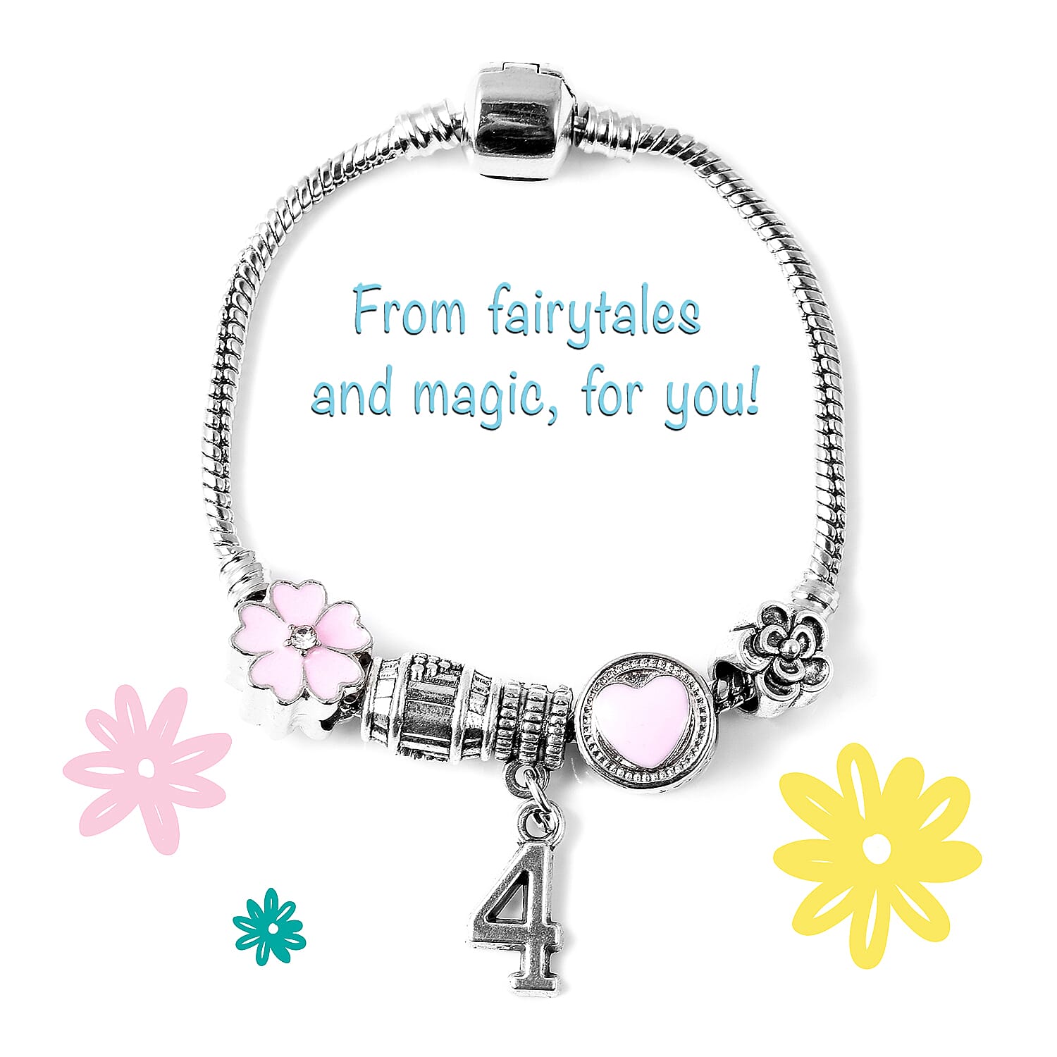 Children Happy 4 Birthday Charms Bracelet in White Austrian Crystal Size 6.5 with Silver Tone