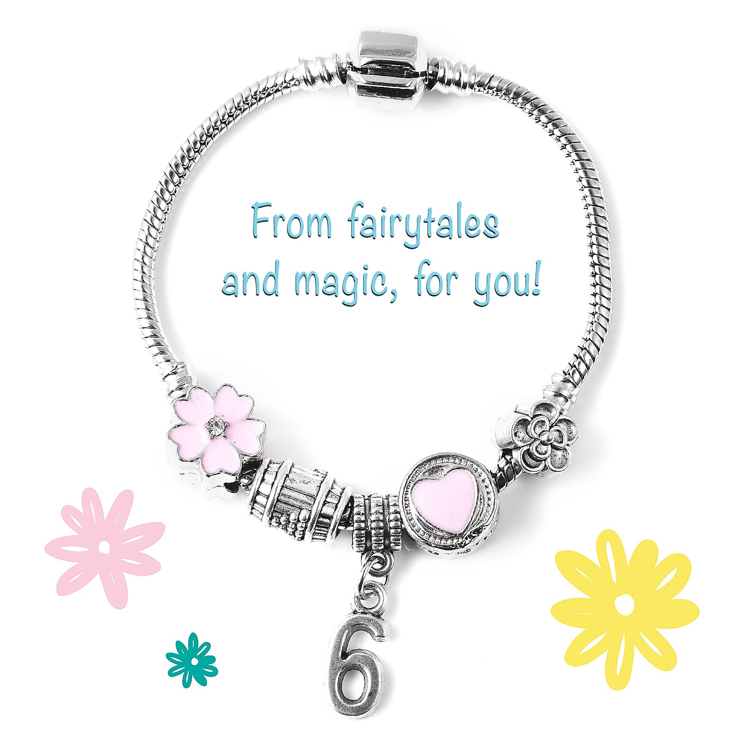 Children Happy 6 Birthday Charms Bracelet in White Austrian Crystal Size 6.5 with Silver Tone
