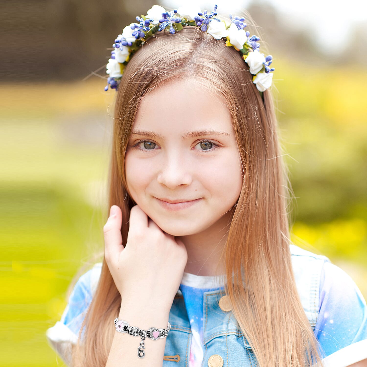 Children Happy 6 Birthday Charms Bracelet in White Austrian Crystal Size 6.5 with Silver Tone