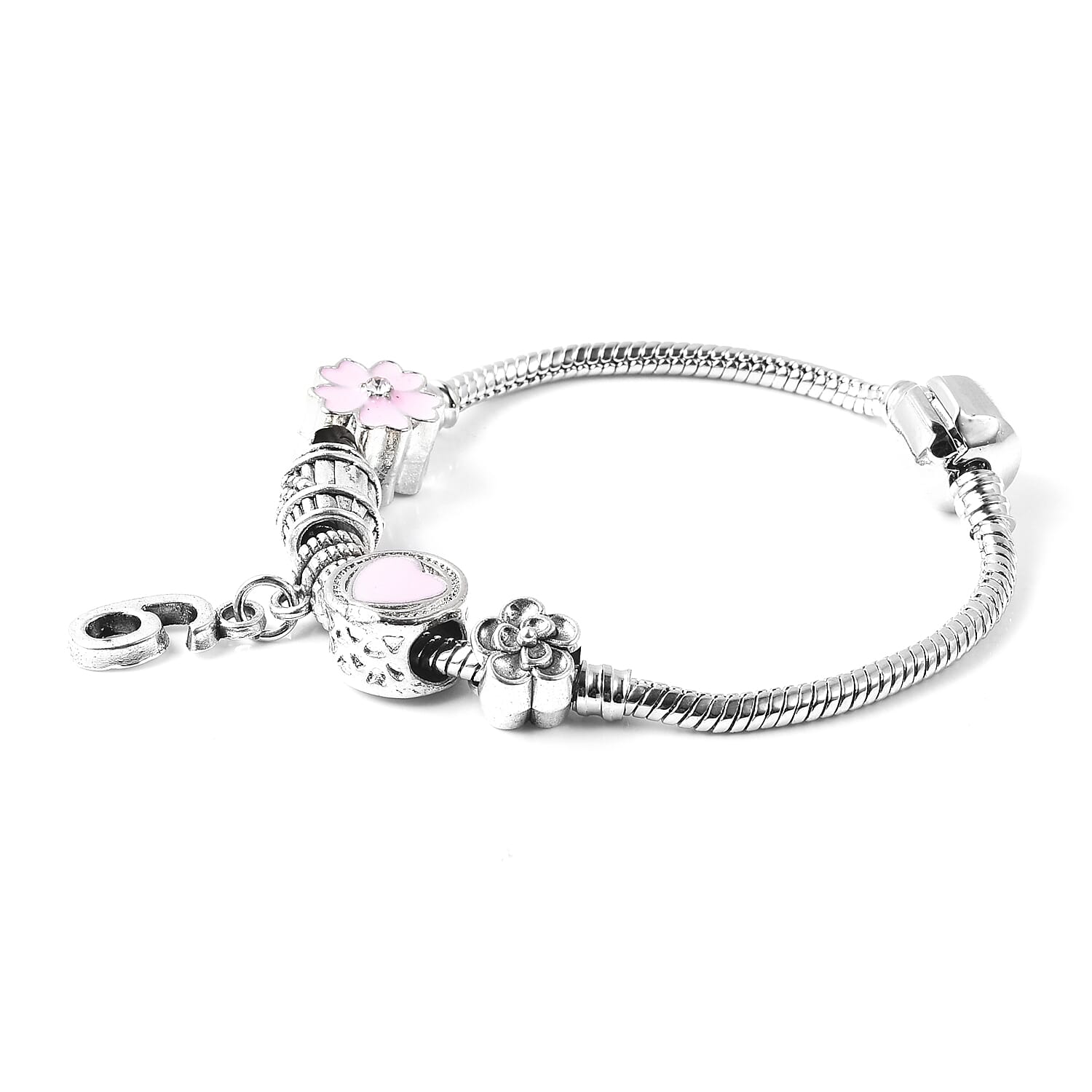 Children Happy 6 Birthday Charms Bracelet in White Austrian Crystal Size 6.5 with Silver Tone