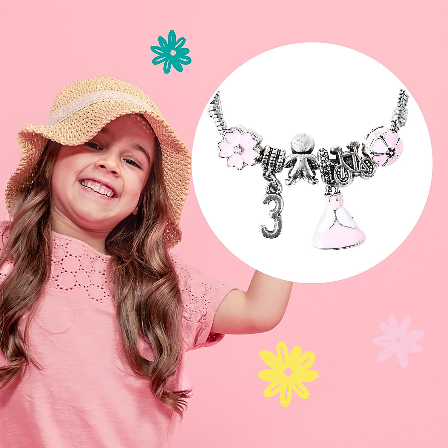 Children Happy 3 Birthday Charms Bracelet in White Austrian Crystal Size 6.5 Inch with Silver Tone