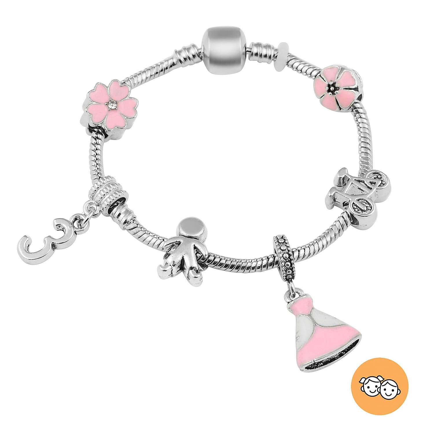 Children Happy 3 Birthday Charms Bracelet in White Austrian Crystal Size 6.5 Inch with Silver Tone
