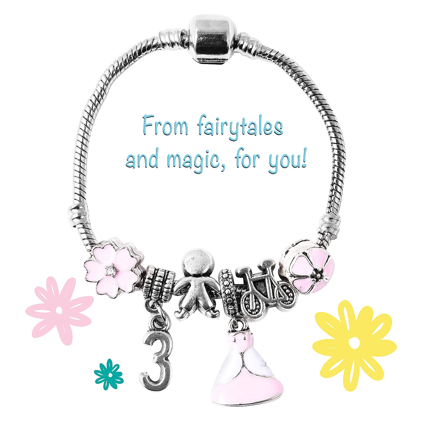 Children Happy 3 Birthday Charms Bracelet in White Austrian Crystal Size 6.5 Inch with Silver Tone