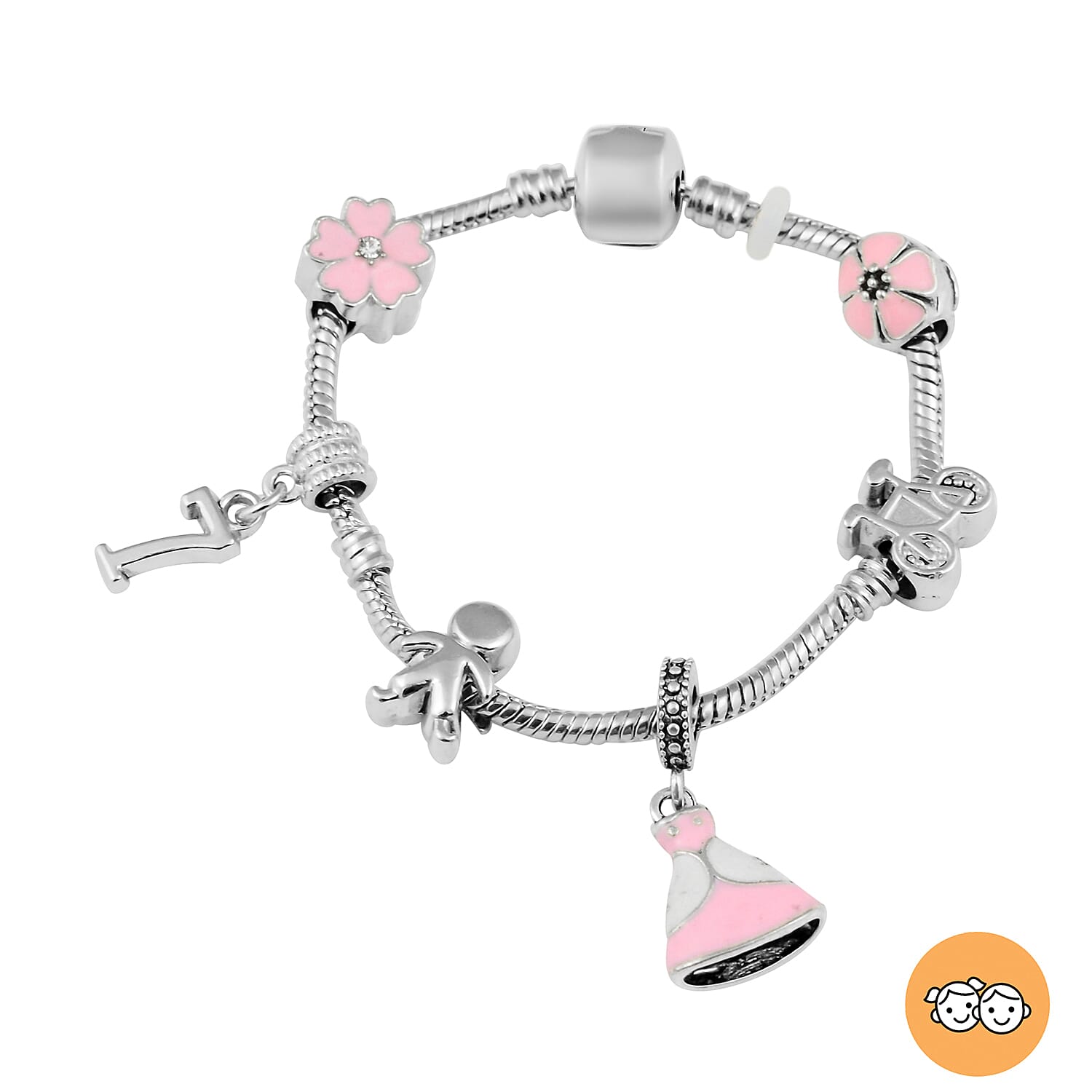 Children Happy 7 Birthday Charms Bracelet in White Austrian Crystal Size 6.5 with Silver Tone