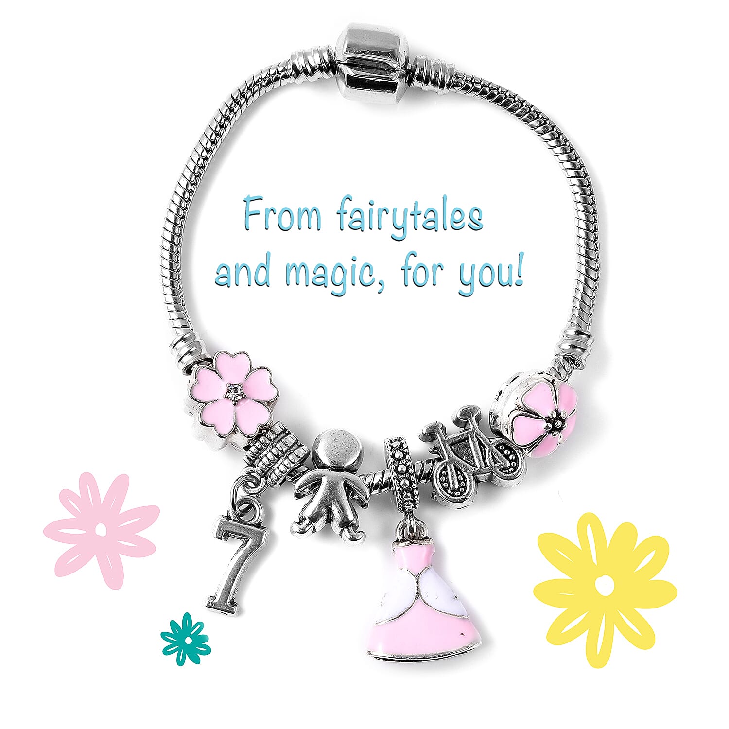 Children Happy 7 Birthday Charms Bracelet in White Austrian Crystal Size 6.5 with Silver Tone