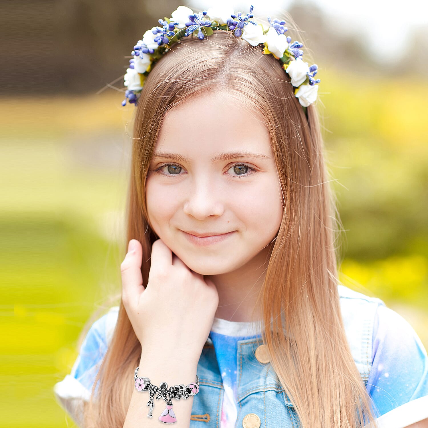 Children Happy 7 Birthday Charms Bracelet in White Austrian Crystal Size 6.5 with Silver Tone