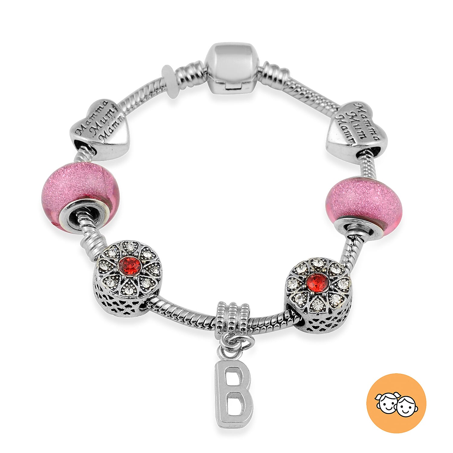 B Initial Charm Bracelet for Children in Simulated Pink Colour Bead, Red and White Austrian Crystal Size 6.5 Inch in Silver Tone